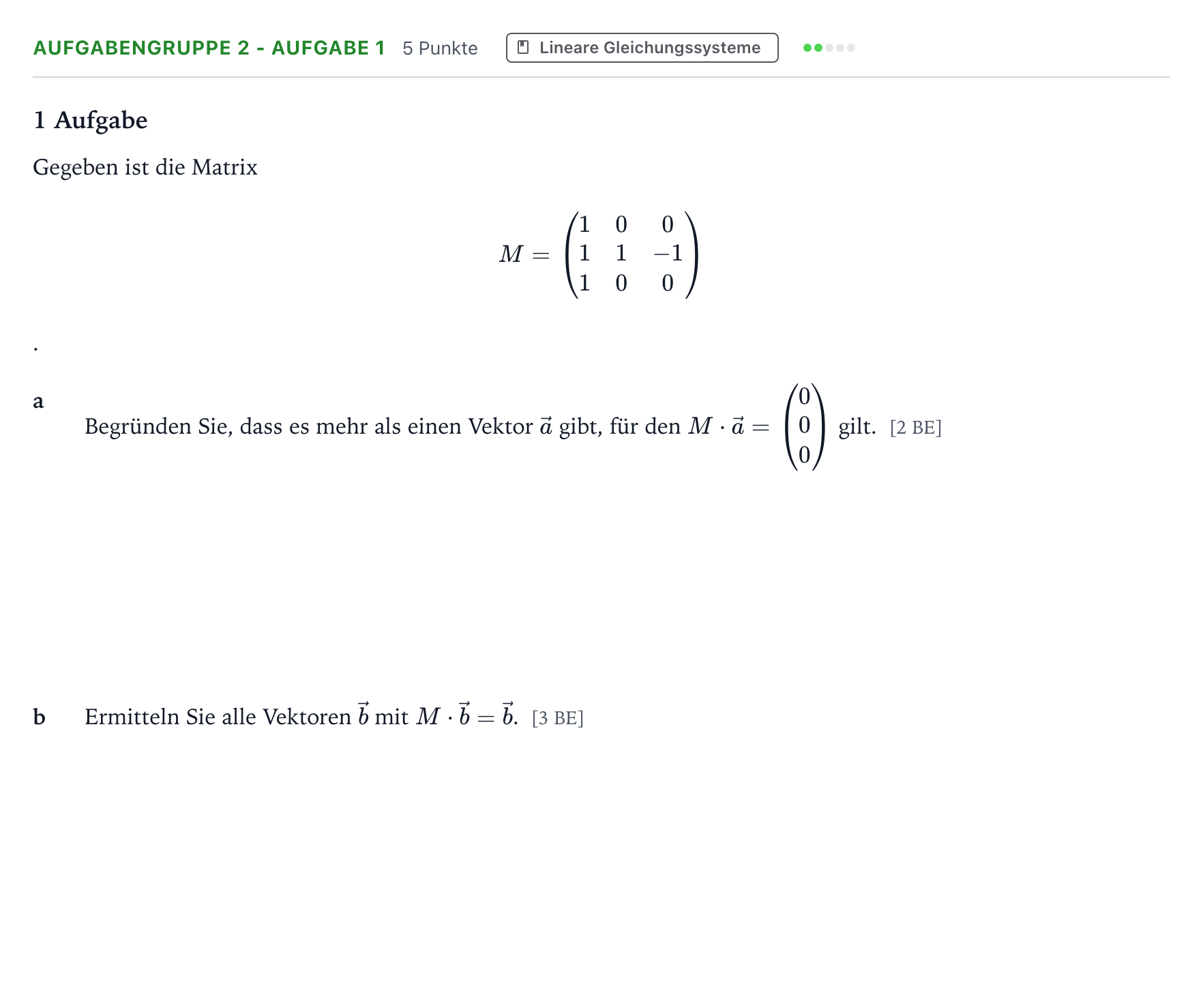 Aufgabenstellung: Aufgabengruppe 2 - Aufgabe 1 · Abitur NRW Mathematik GK · Teil A · Lineare Algebra 2024