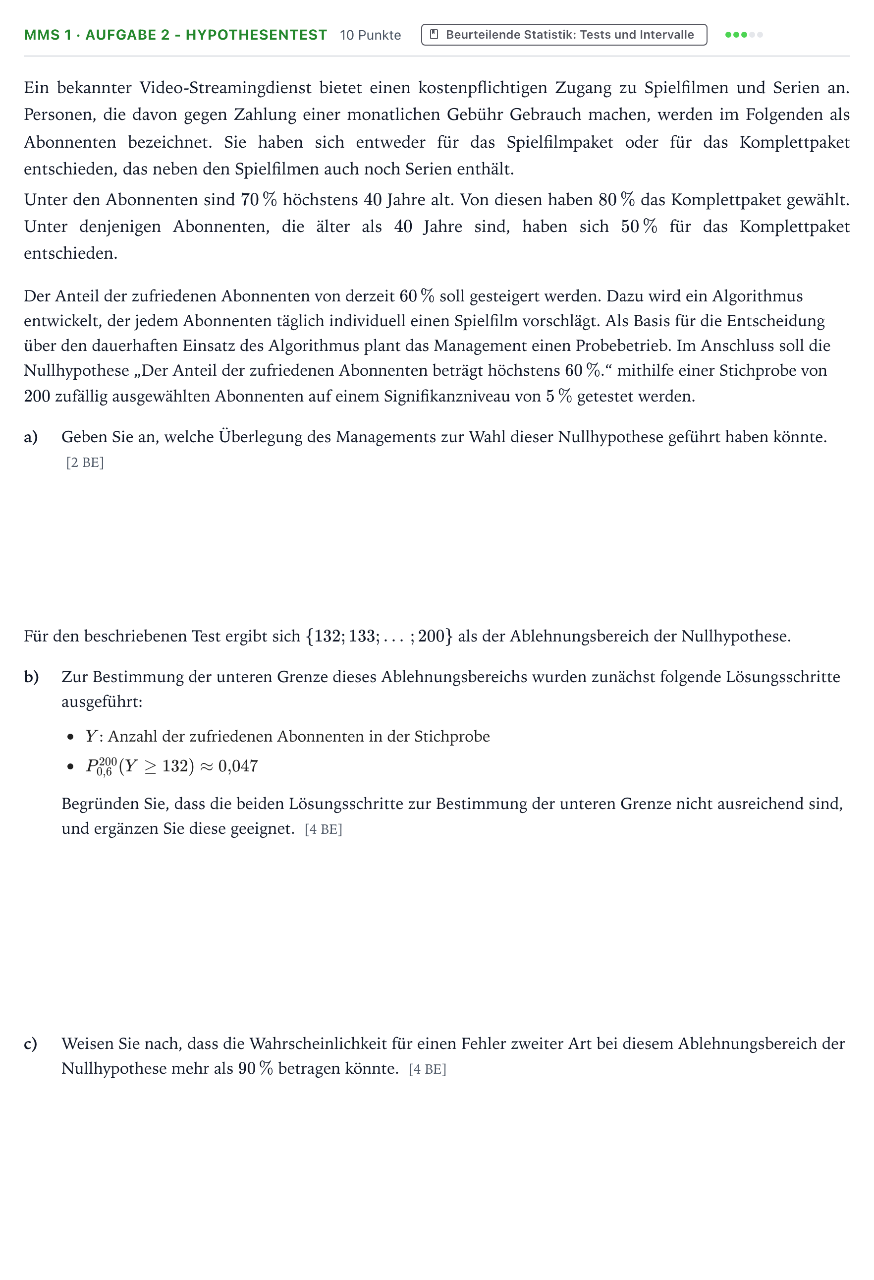 Aufgabenstellung: Aufgabe MMS 1 · Aufgabe 2 - Hypothesentest · Abitur NRW Mathematik LK · Teil B · Stochastik (CAS) 2024