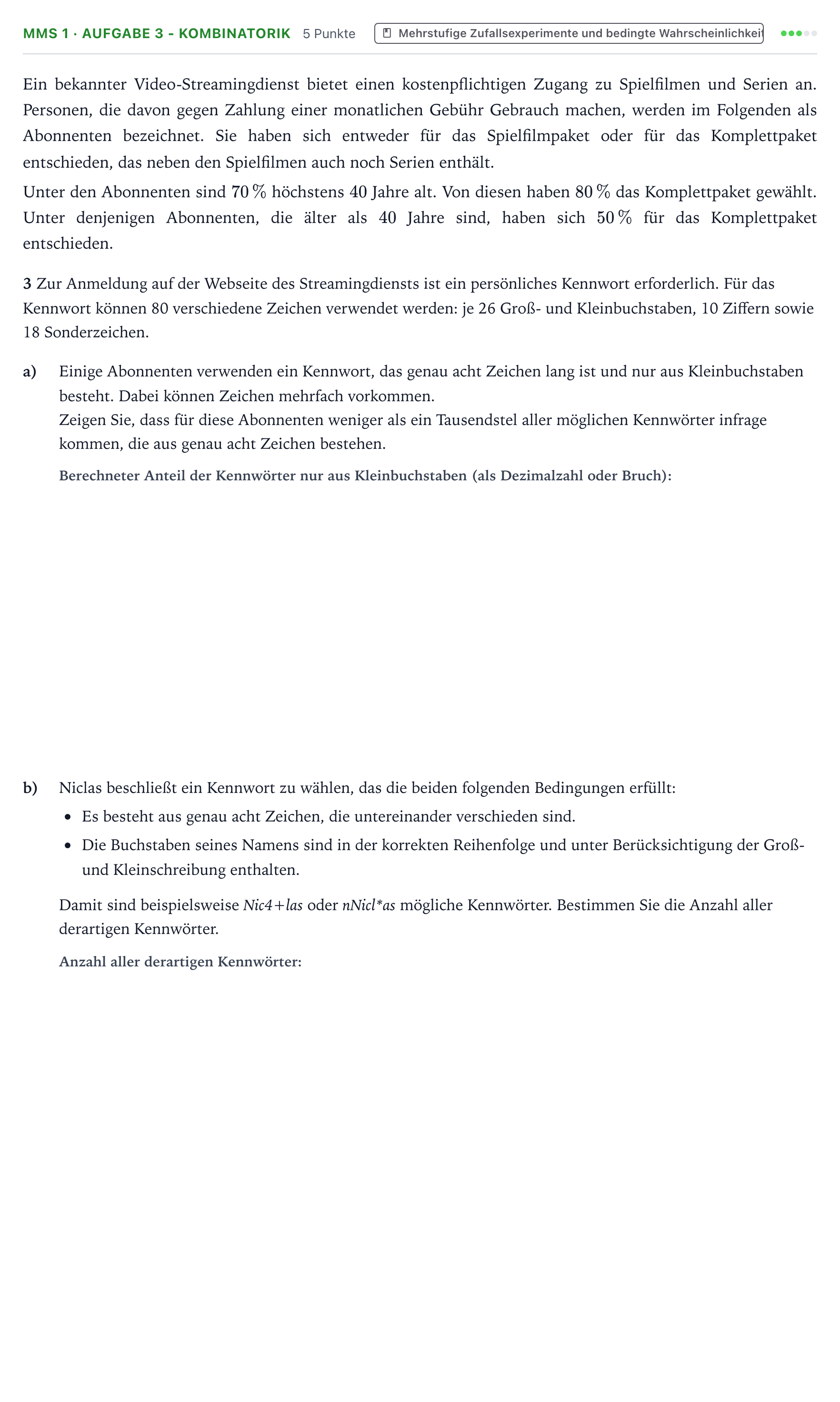 Aufgabenstellung: Aufgabe MMS 1 · Aufgabe 3 - Kombinatorik · Abitur NRW Mathematik LK · Teil B · Stochastik (CAS) 2024