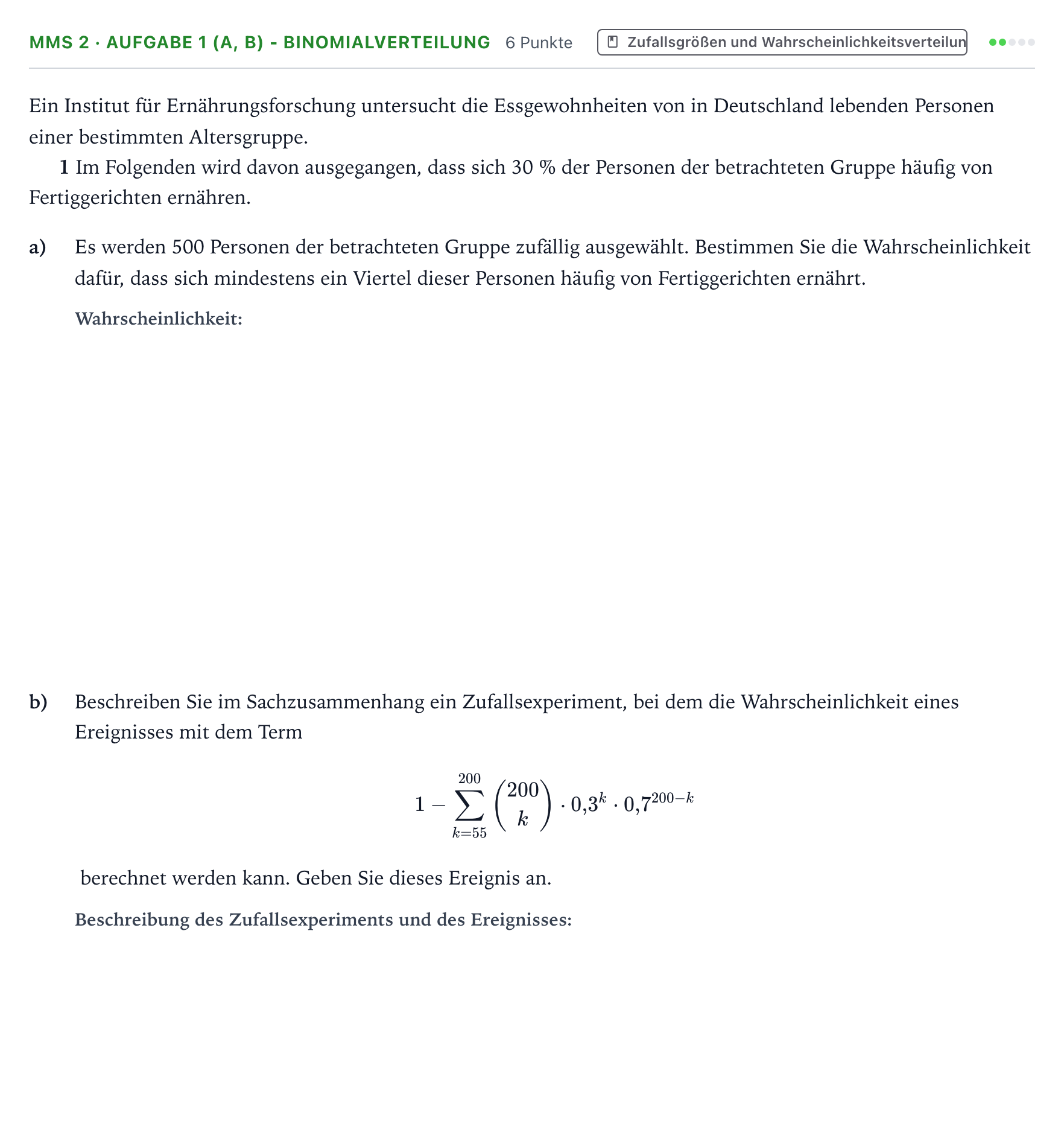 Aufgabenstellung: Aufgabe MMS 2 · Aufgabe 1 (a, b) - Binomialverteilung · Abitur NRW Mathematik LK · Teil B · Stochastik (CAS) 2024