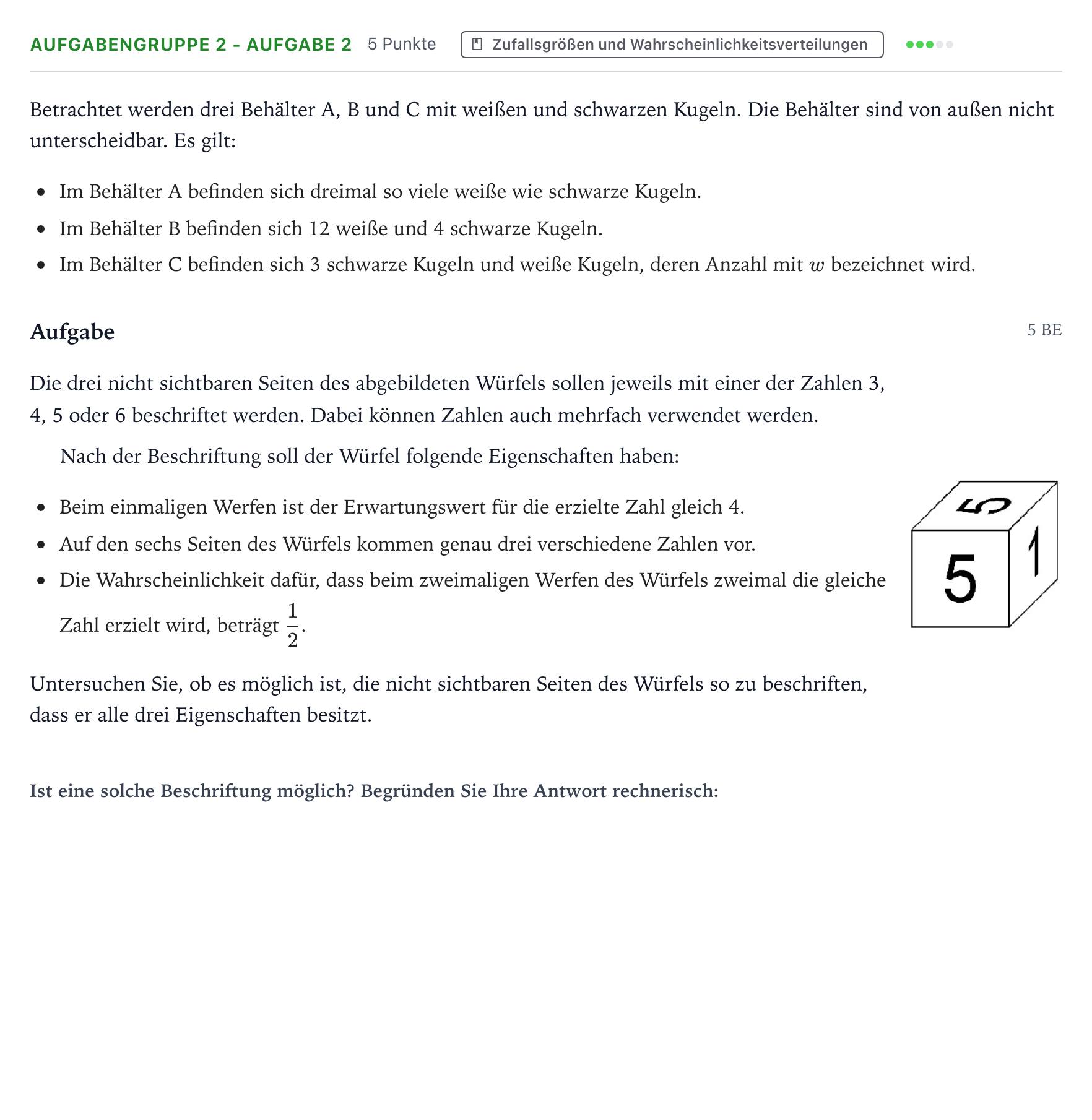 Aufgabenstellung: Aufgabengruppe 2 - Aufgabe 2 · Abitur NRW Mathematik LK · Teil A · Stochastik 2024