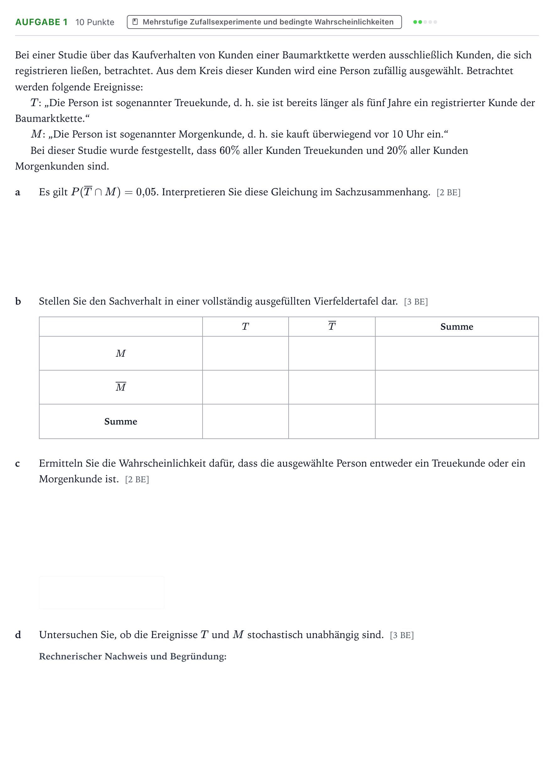 Aufgabenstellung: Aufgabe 1 · Abitur NRW Mathematik GK · Teil B · Stochastik (CAS) 2024