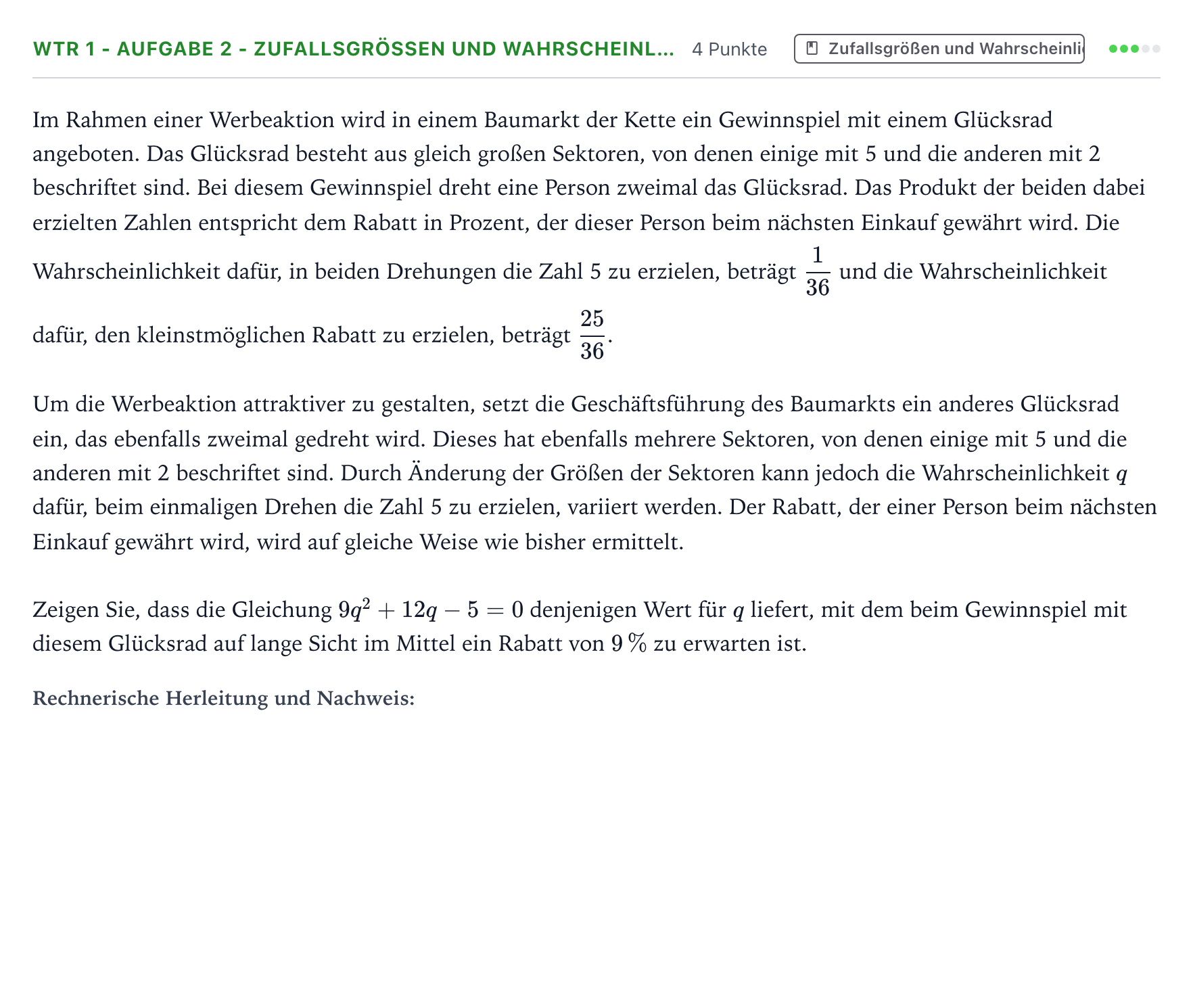 Aufgabenstellung: Aufgabe WTR 1 - Aufgabe 2 - Zufallsgrößen und Wahrscheinl… · Abitur NRW Mathematik GK · Teil B · Stochastik (WTR) 2024