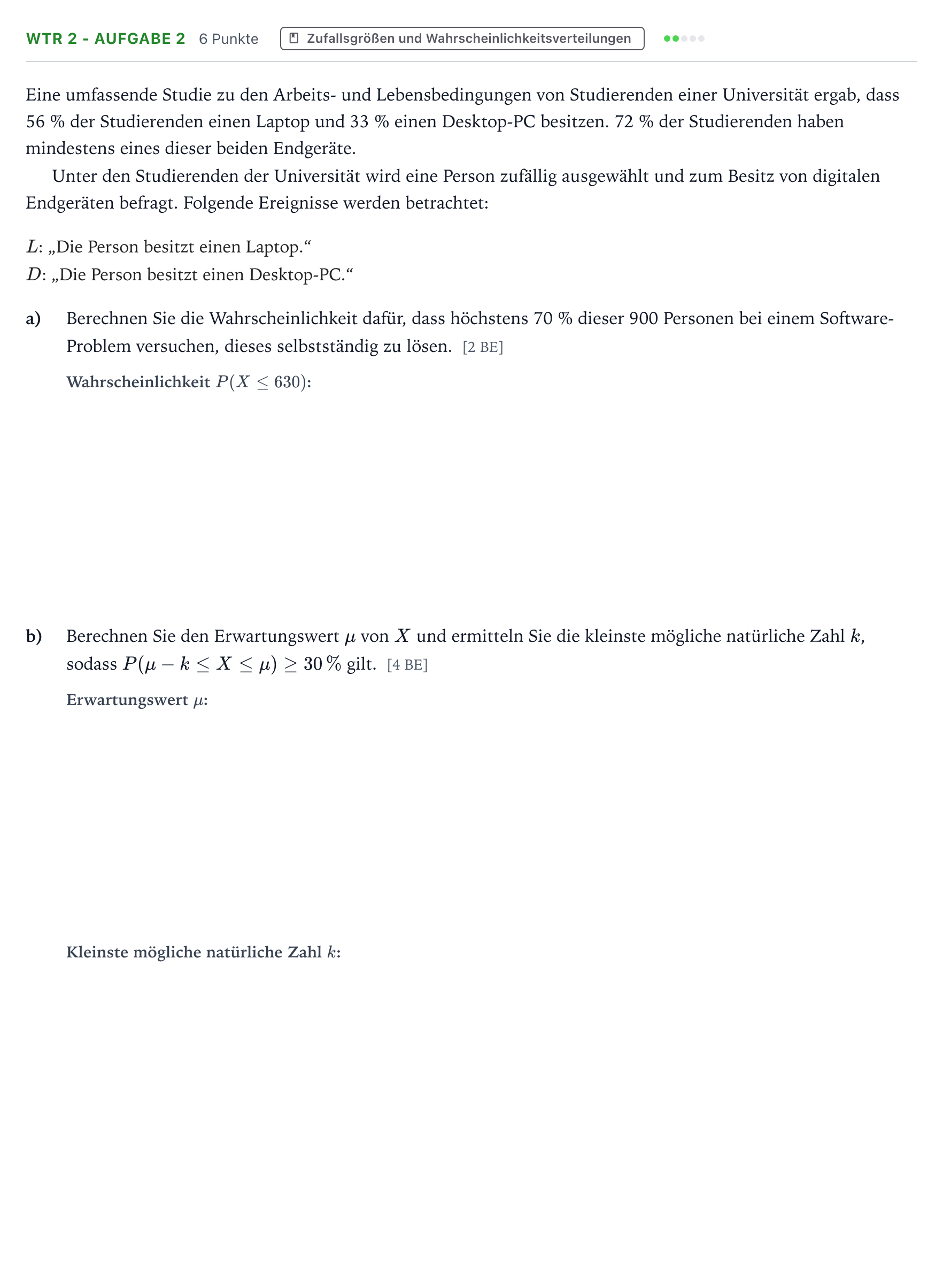 Aufgabenstellung: Aufgabe WTR 2 - Aufgabe 2 · Abitur NRW Mathematik GK · Teil B · Stochastik (WTR) 2024