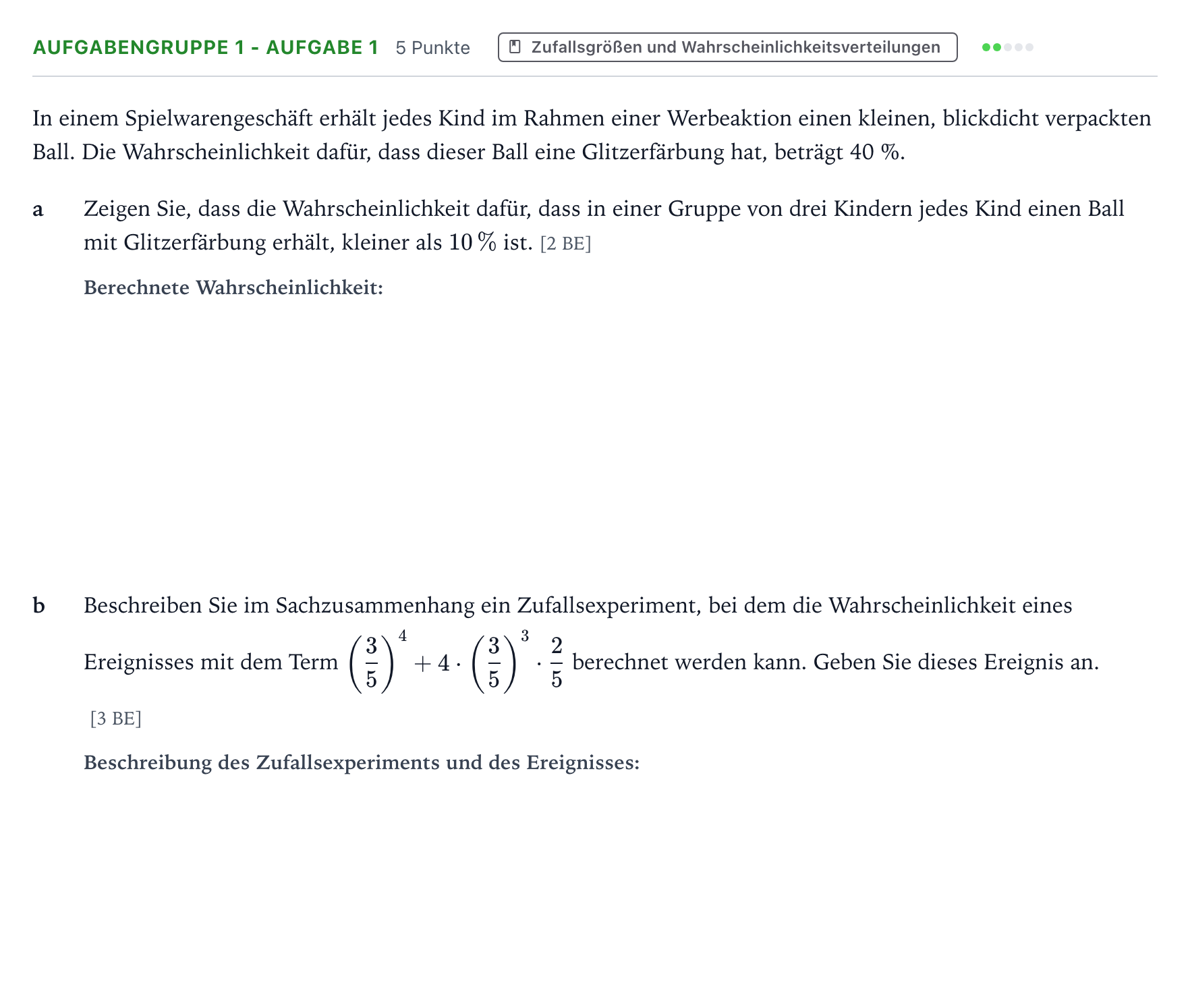 Aufgabenstellung: Aufgabengruppe 1 - Aufgabe 1 · Abitur NRW Mathematik GK · Teil A · Stochastik 2024