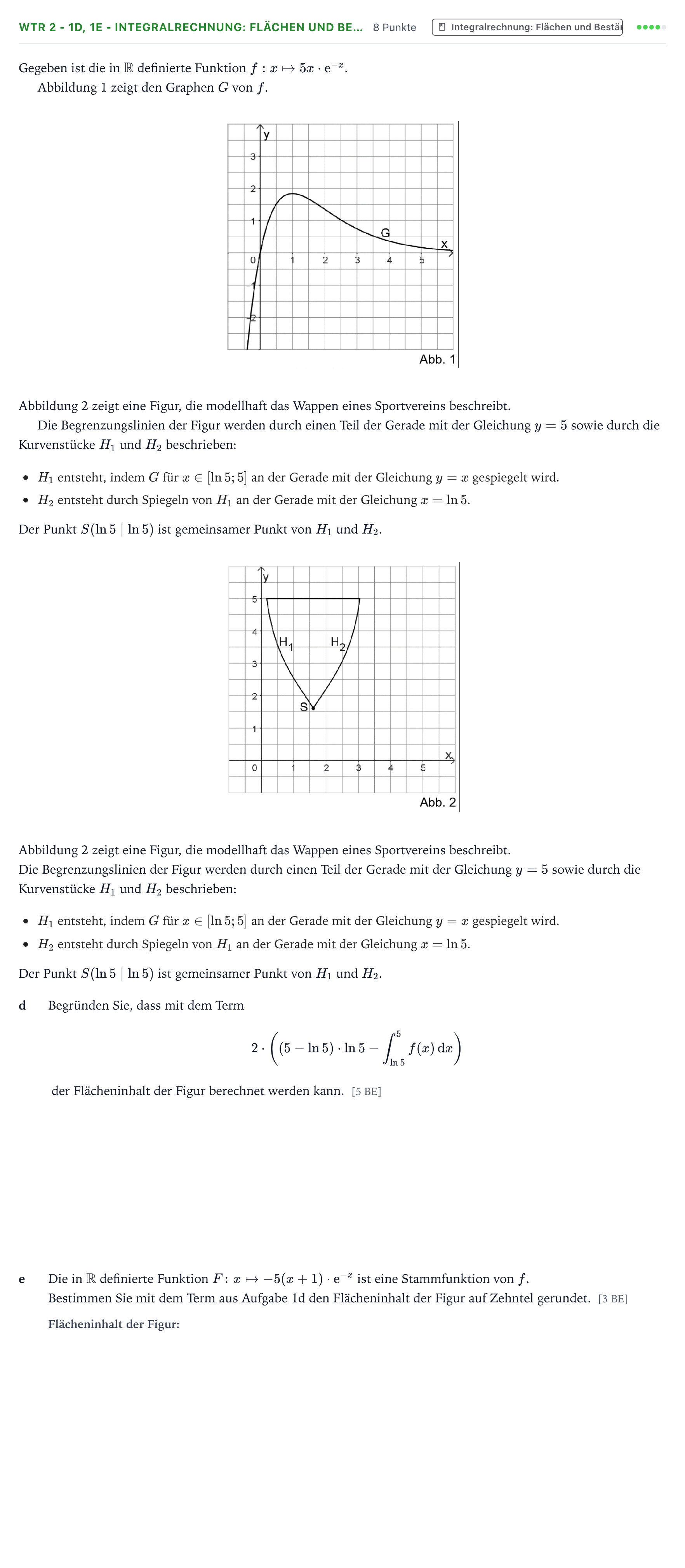 Aufgabenstellung: Aufgabe WTR 2 - 1d, 1e - Integralrechnung: Flächen und Be… · Abitur NRW Mathematik LK · Teil B · Analysis (WTR) 2025