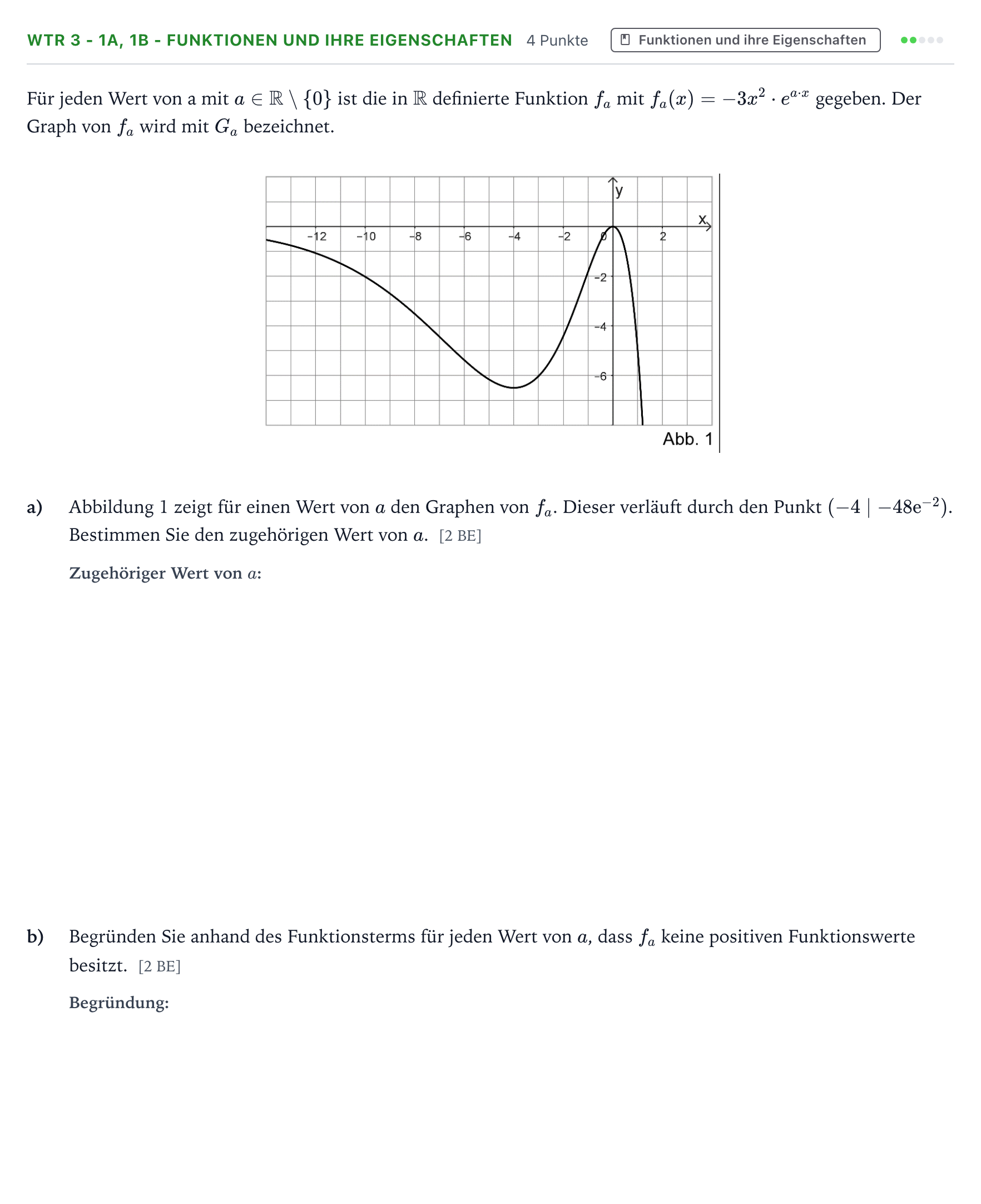 Aufgabenstellung: Aufgabe WTR 3 - 1a, 1b - Funktionen und ihre Eigenschaften · Abitur NRW Mathematik LK · Teil B · Analysis (WTR) 2025