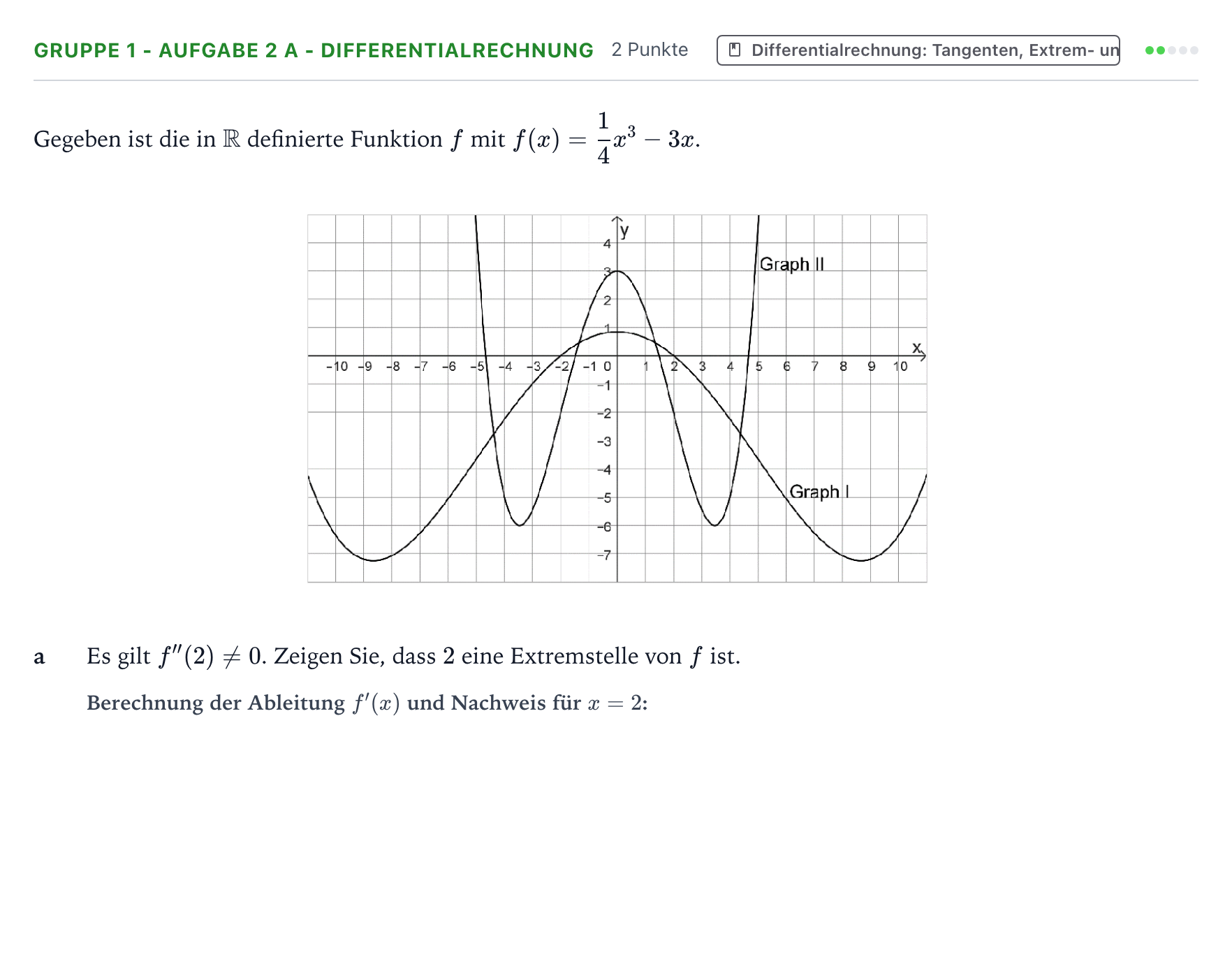 Aufgabenstellung: Aufgabe Gruppe 1 - Aufgabe 2 a - Differentialrechnung · Abitur NRW Mathematik LK · Teil A · Analysis 2025