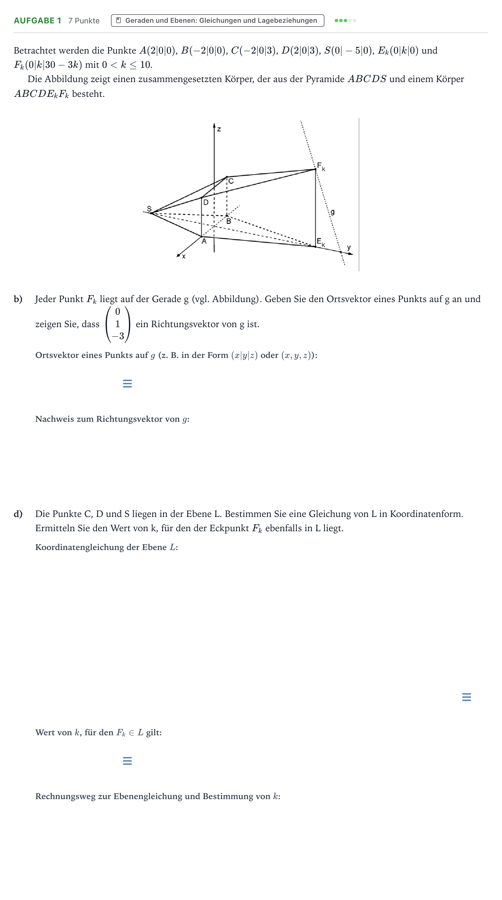 Aufgabenstellung: Aufgabe 1 - Geraden und Ebenen: Gleichungen und Lagebezie… · Abitur NRW Mathematik LK · Teil B · Analytische Geometrie (CAS 2025