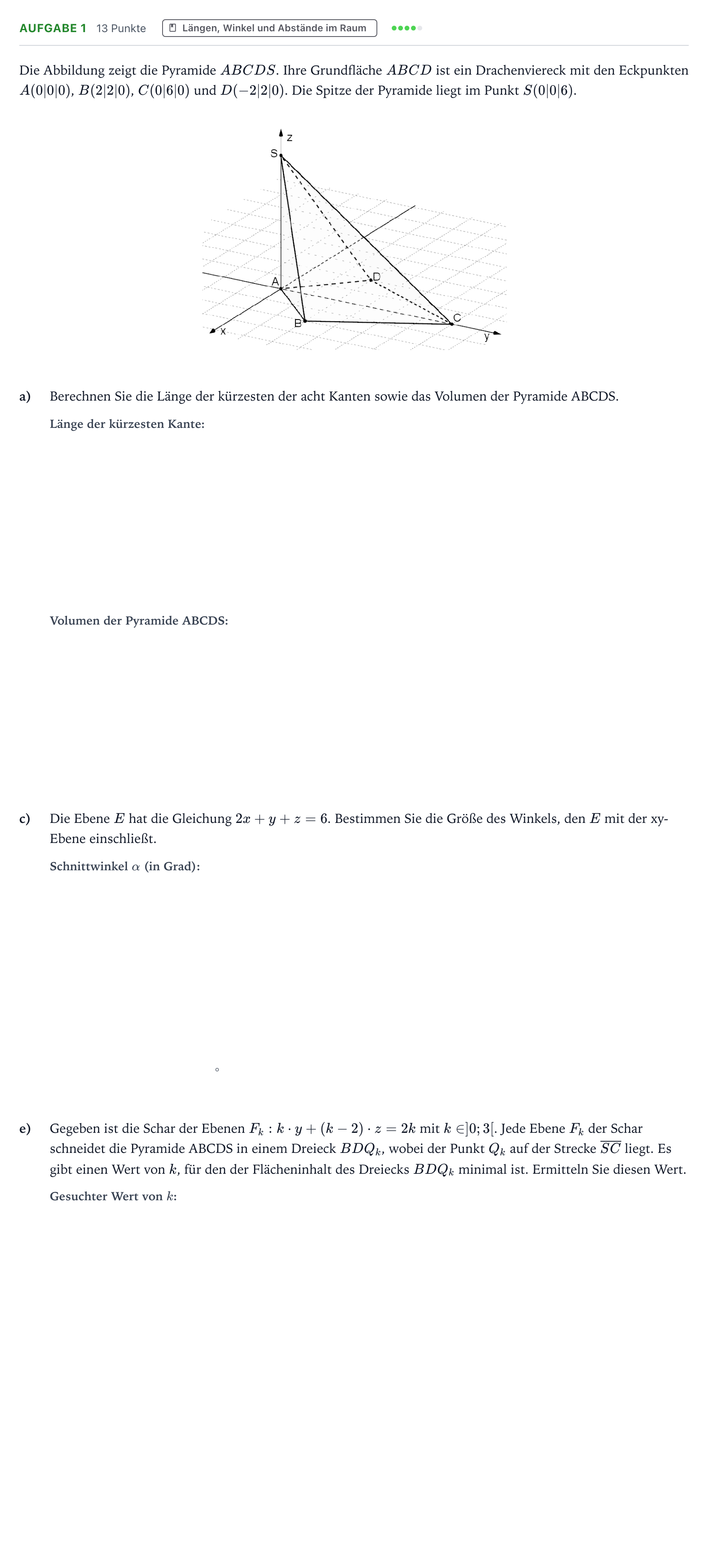 Aufgabenstellung: Aufgabe 1 - Längen, Winkel und Abstände im Raum · Abitur NRW Mathematik LK · Teil B · Analytische Geometrie (WTR 2025