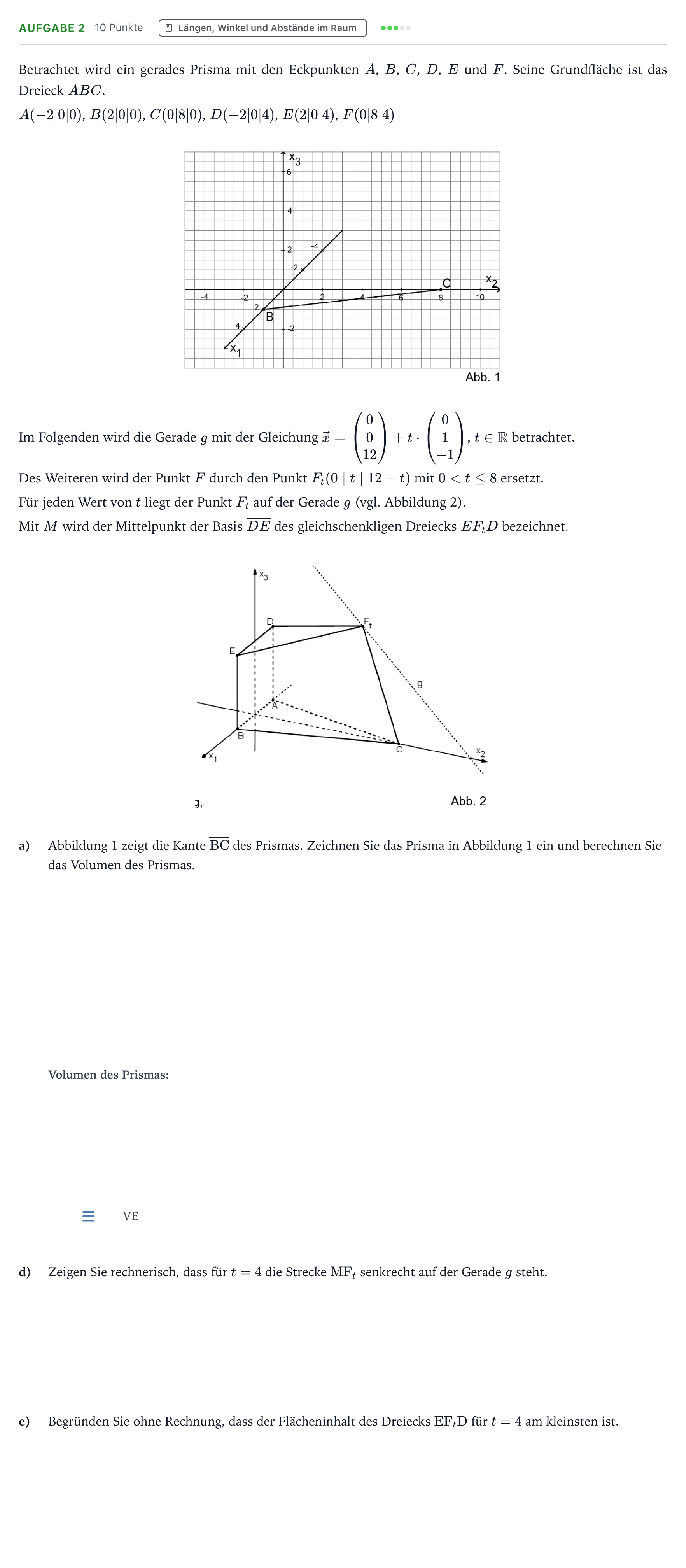 Aufgabenstellung: Aufgabe 2 - Längen, Winkel und Abstände im Raum · Abitur NRW Mathematik GK · Teil B · Analytische Geometrie (CAS 2025