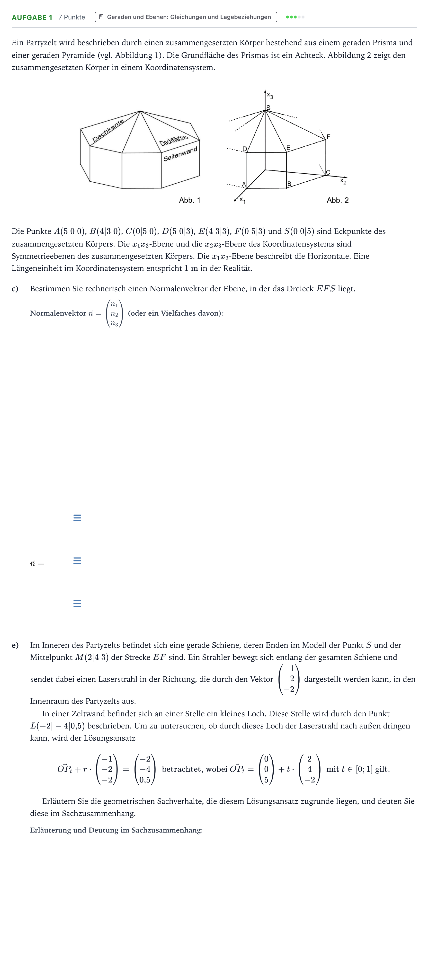 Aufgabenstellung: Aufgabe 1 - Geraden und Ebenen: Gleichungen und Lagebezie… · Abitur NRW Mathematik GK · Teil B · Analytische Geometrie (WTR 2025