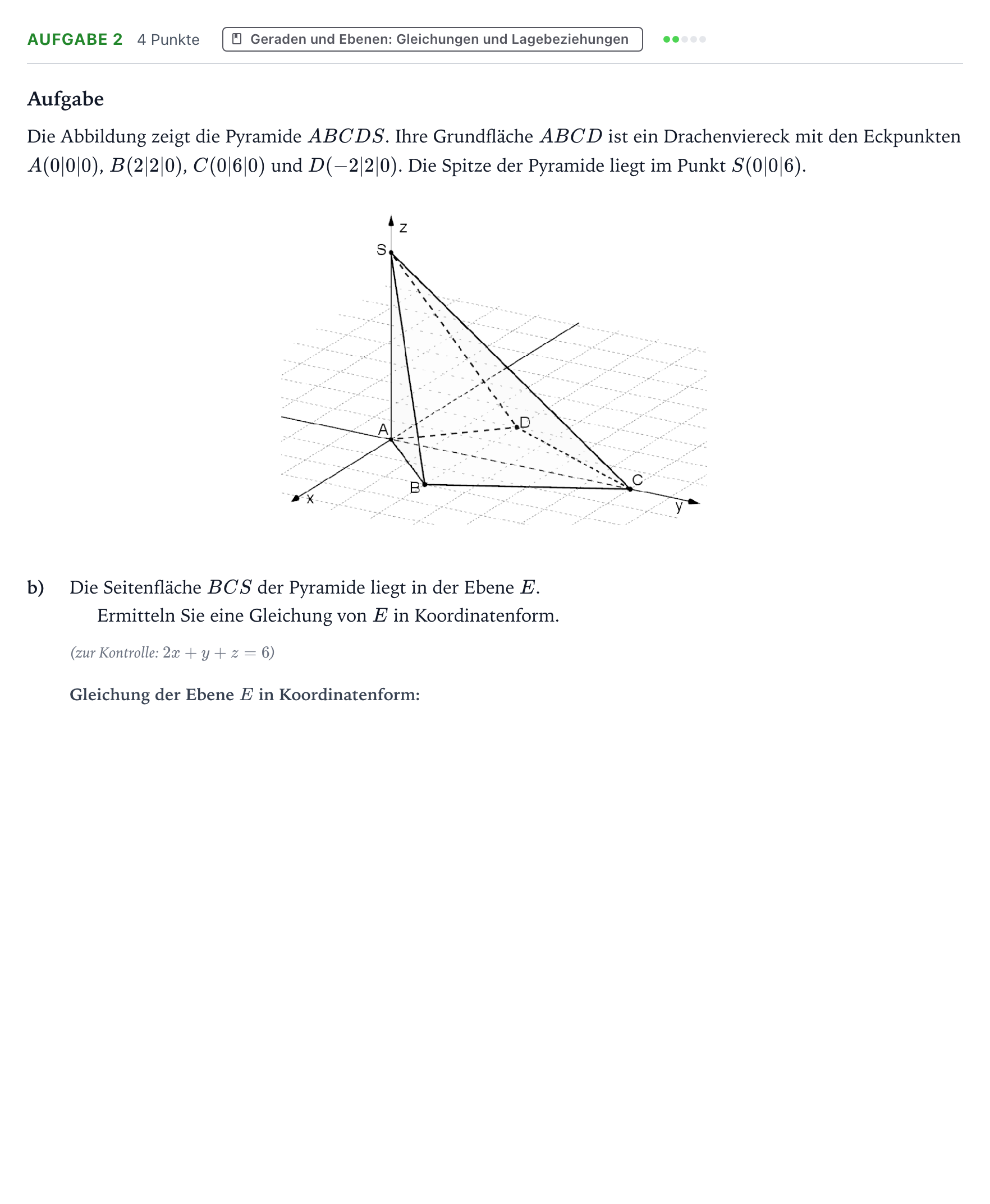 Aufgabenstellung: Aufgabe 2 - Geraden und Ebenen: Gleichungen und Lagebezie… · Abitur NRW Mathematik GK · Teil B · Analytische Geometrie (WTR 2025