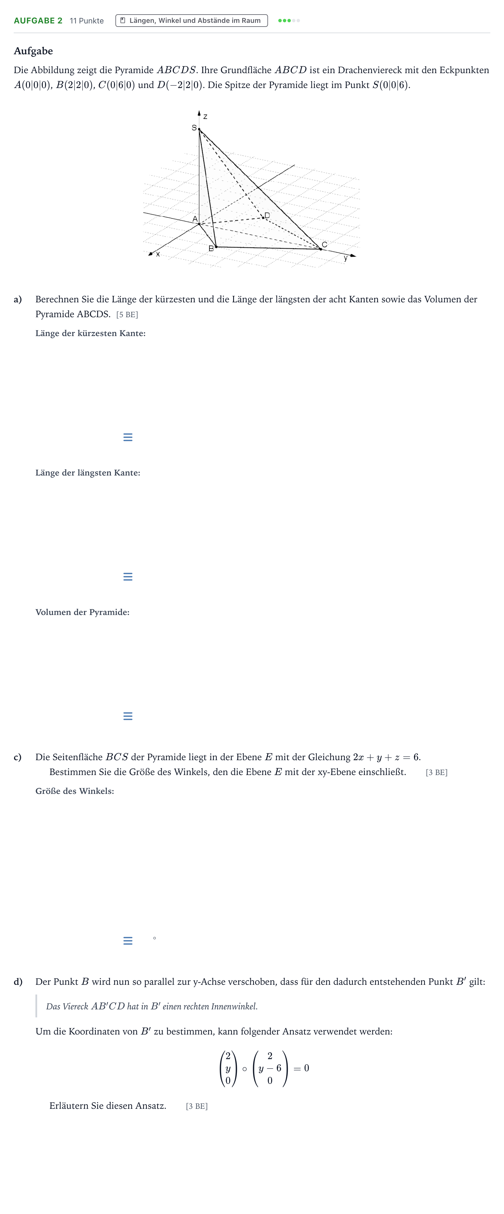 Aufgabenstellung: Aufgabe 2 - Längen, Winkel und Abstände im Raum · Abitur NRW Mathematik GK · Teil B · Analytische Geometrie (WTR 2025