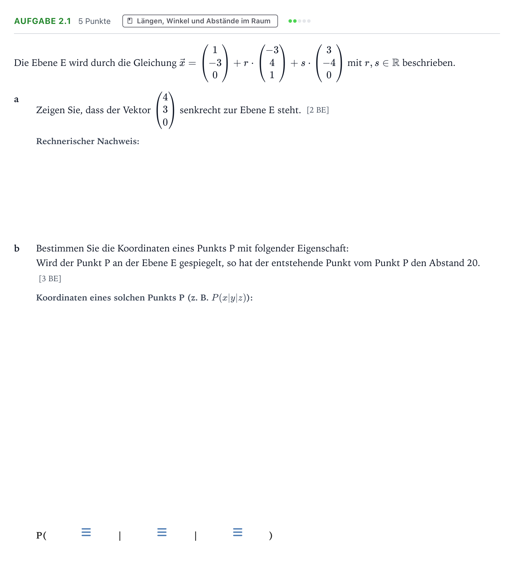 Aufgabenstellung: Aufgabe 2.1 · Abitur NRW Mathematik GK · Teil A · Analytische Geometrie 2025