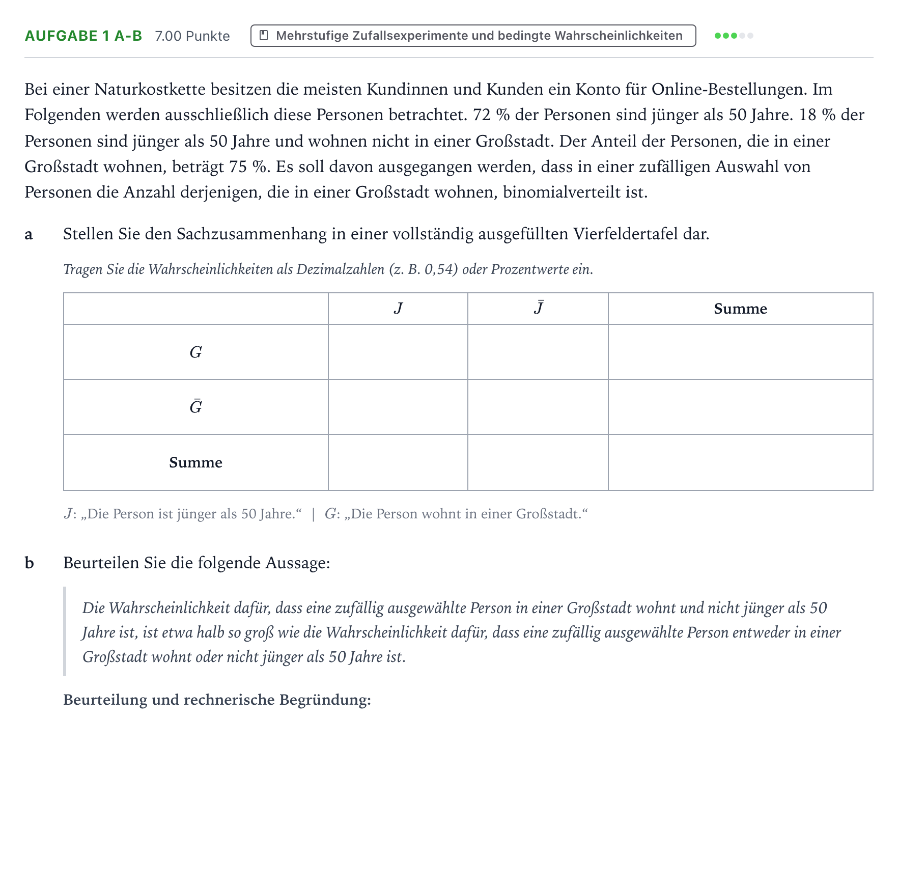 Aufgabenstellung: Aufgabe 1 a-b - Mehrstufige Zufallsexperimente · Abitur NRW Mathematik LK · Teil B · Stochastik (WTR) 2025