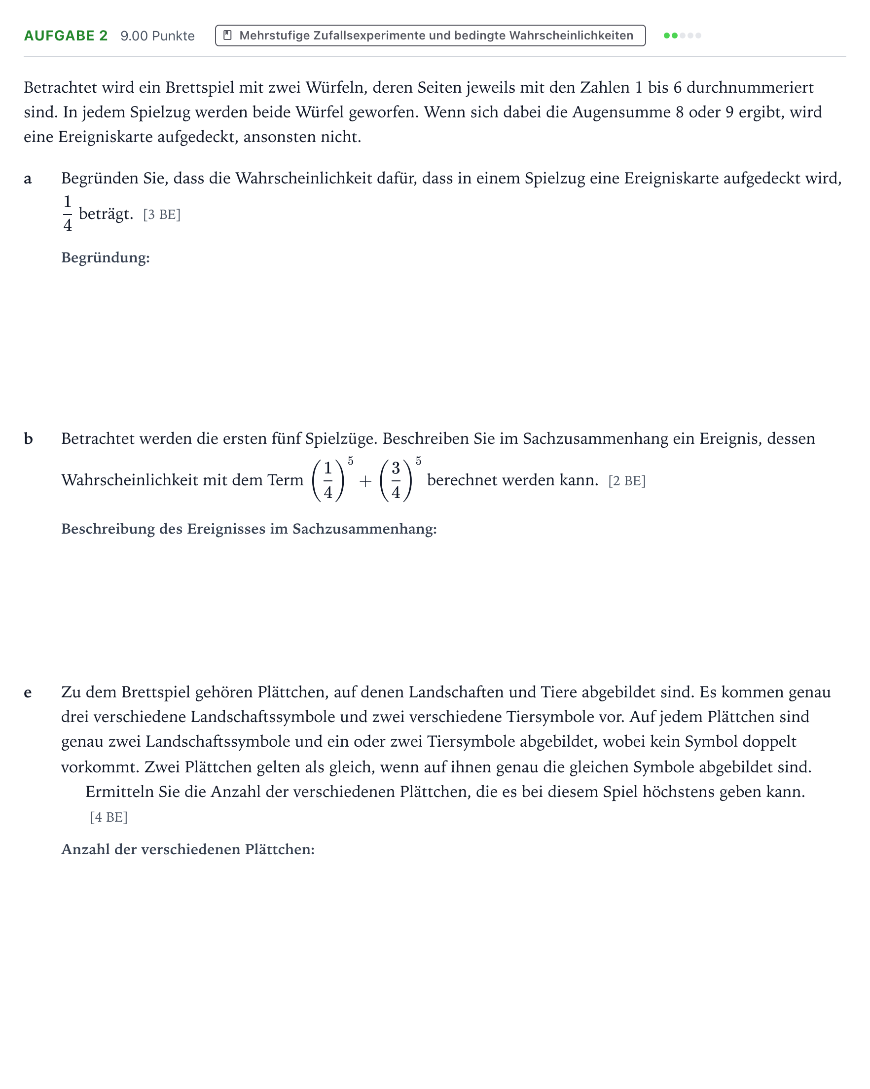 Aufgabenstellung: Aufgabe 2 - Mehrstufige Zufallsexperimente und be… · Abitur NRW Mathematik GK · Teil B · Stochastik (CAS) 2025
