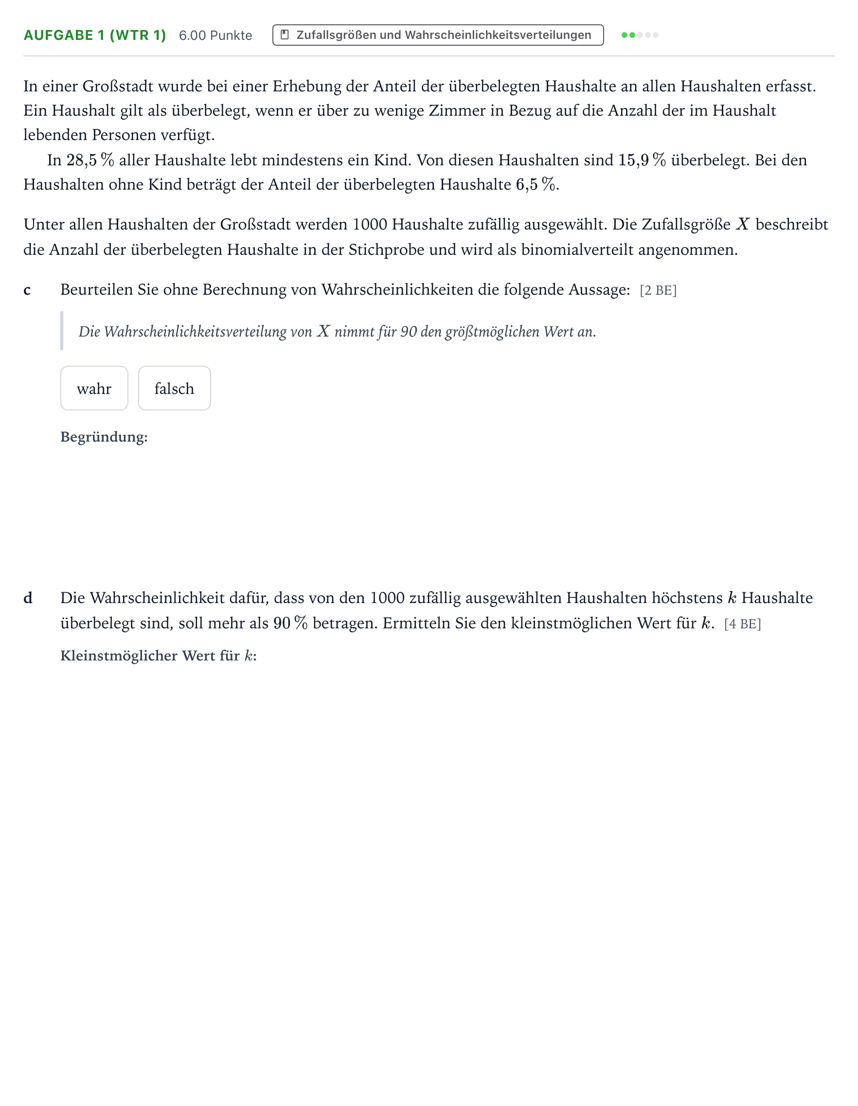 Aufgabenstellung: Aufgabe 1 (WTR 1) - Zufallsgrößen und Wahrscheinlichkeits… · Abitur NRW Mathematik GK · Teil B · Stochastik (WTR) 2025