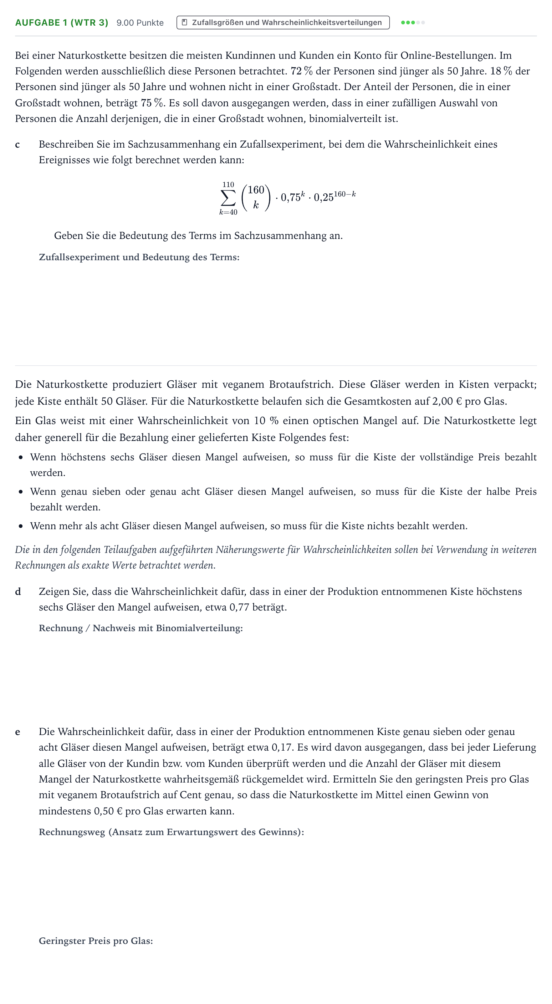 Aufgabenstellung: Aufgabe 1 (WTR 3) - Zufallsgrößen und Wahrscheinlichkeits… · Abitur NRW Mathematik GK · Teil B · Stochastik (WTR) 2025
