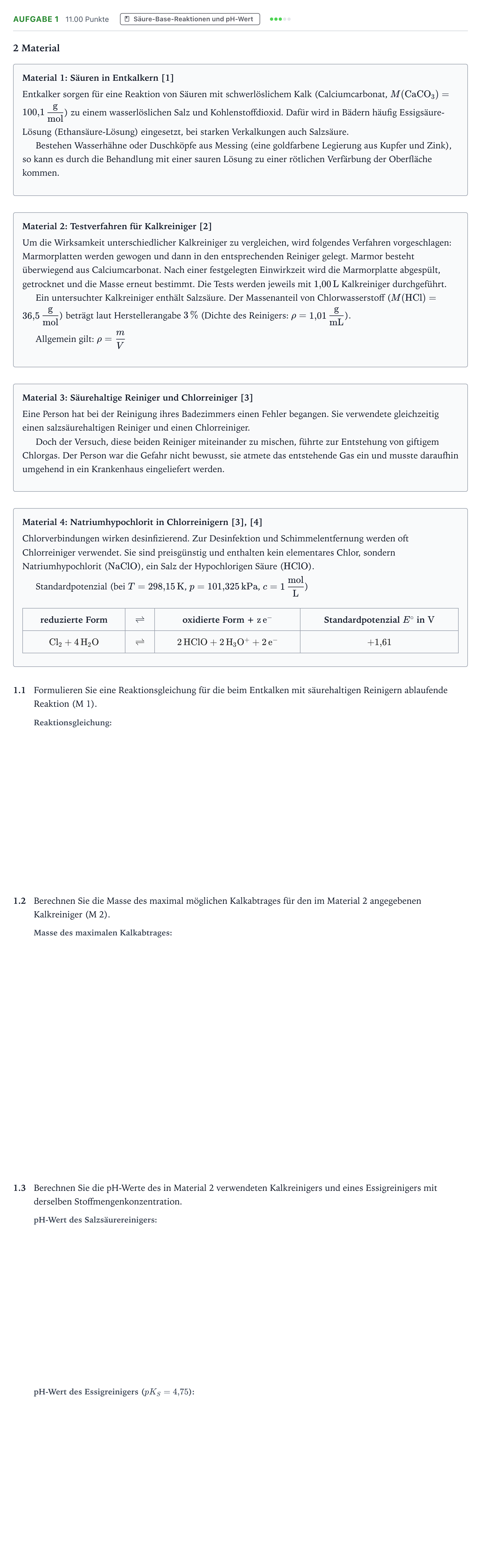 Aufgabenstellung: Aufgabe 1 · Abitur NRW Chemie LK · Säurehaltige Reiniger im Bad 2026