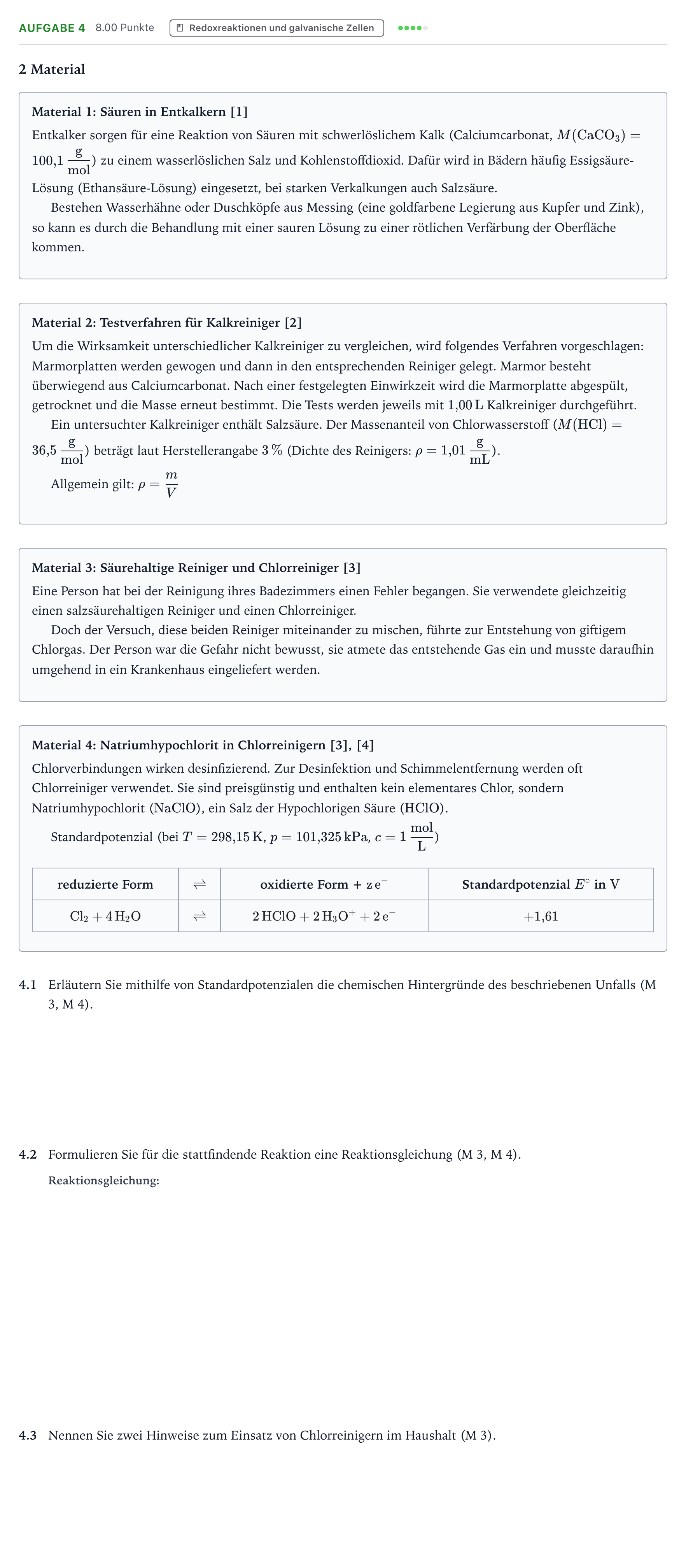Aufgabenstellung: Aufgabe 4 · Abitur NRW Chemie LK · Säurehaltige Reiniger im Bad 2026