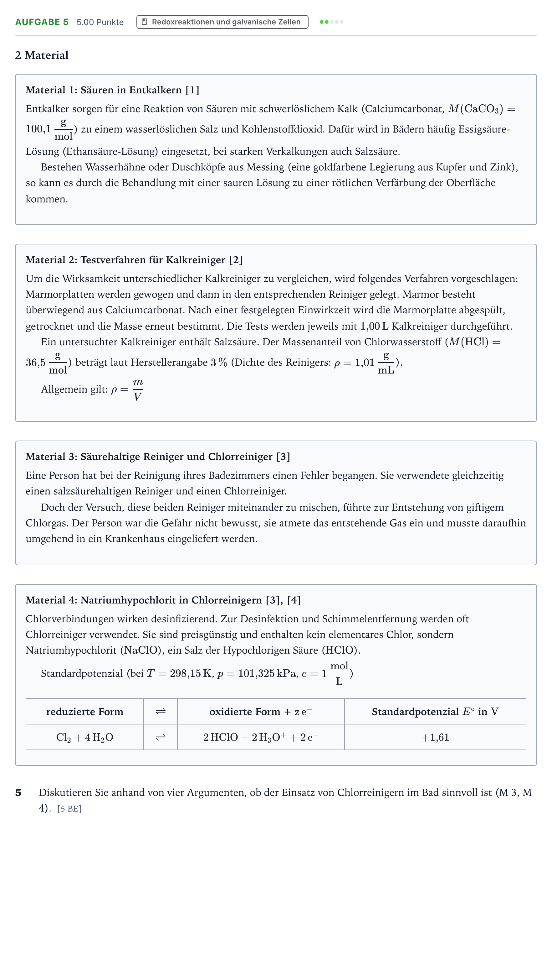 Aufgabenstellung: Aufgabe 5 · Abitur NRW Chemie LK · Säurehaltige Reiniger im Bad 2026