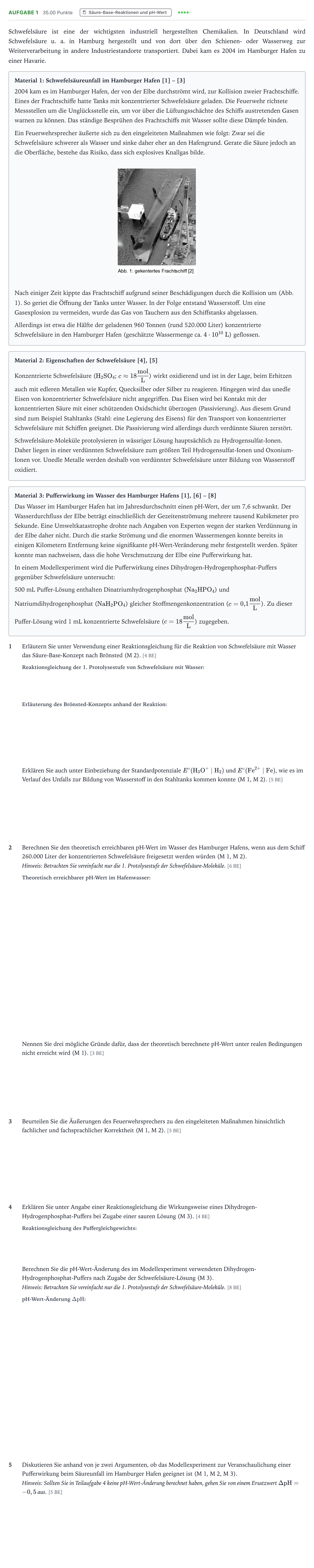 Aufgabenstellung: Aufgabe 1 - Säure-Base-Reaktionen und pH-Wert · Abitur NRW Chemie LK · Schwefelsäureunfall im Hamburger Ha 2026