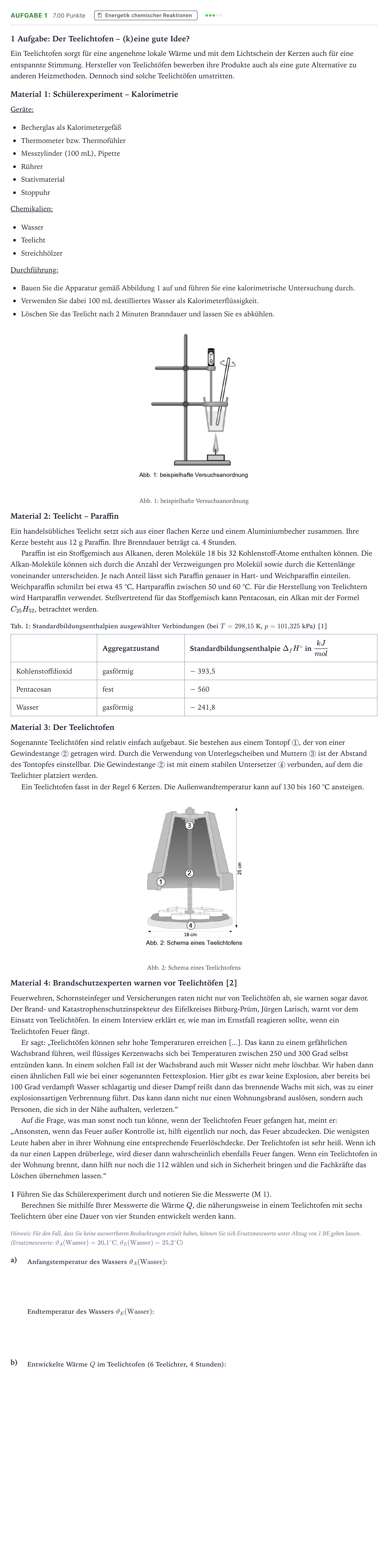 Aufgabenstellung: Aufgabe 1 · Abitur NRW Chemie GK · Teelichtofen-GN 2025