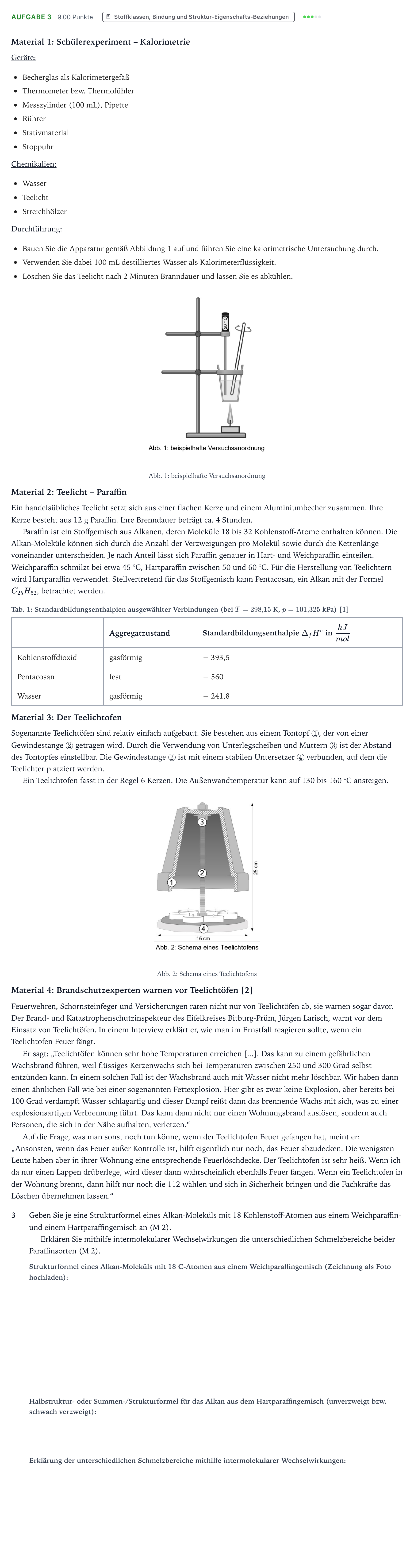 Aufgabenstellung: Aufgabe 3 · Abitur NRW Chemie GK · Teelichtofen-GN 2025