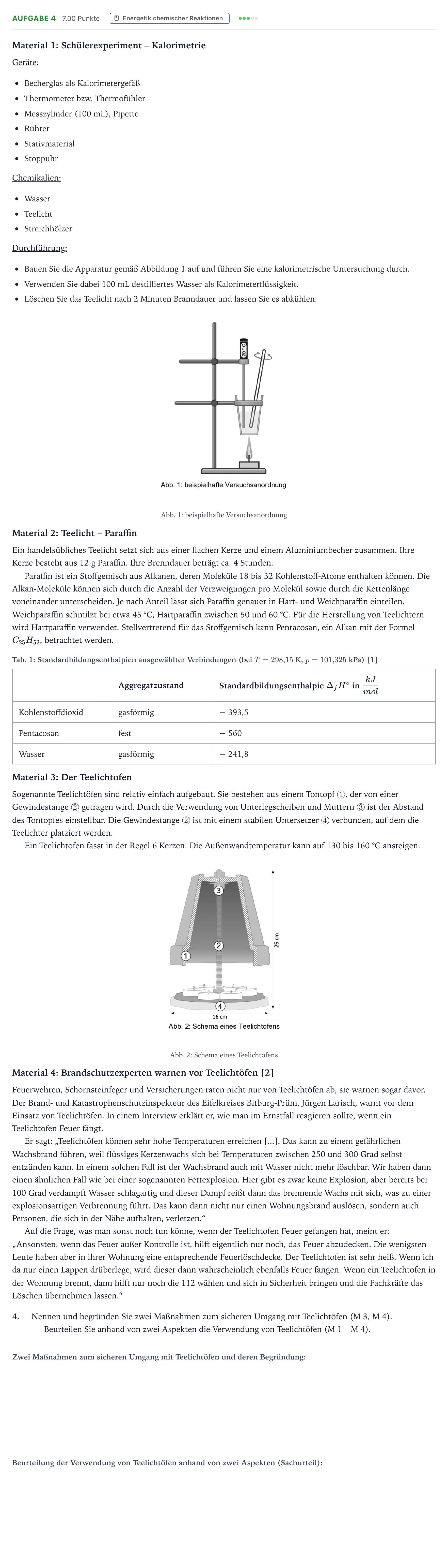 Aufgabenstellung: Aufgabe 4 · Abitur NRW Chemie GK · Teelichtofen-GN 2025