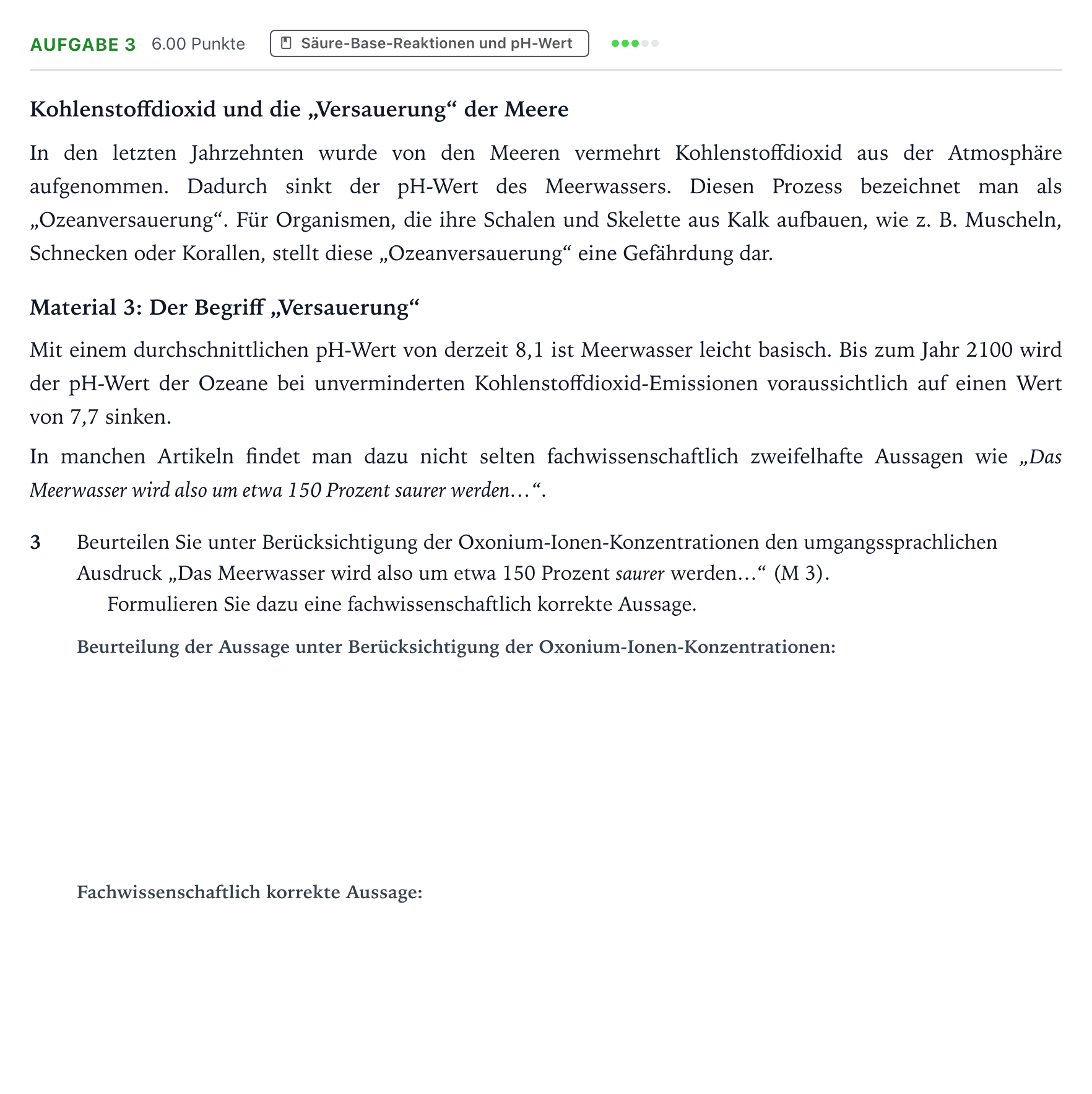 Aufgabenstellung: Aufgabe 3 · Abitur NRW Chemie GK · Versauerung der Meere 2025