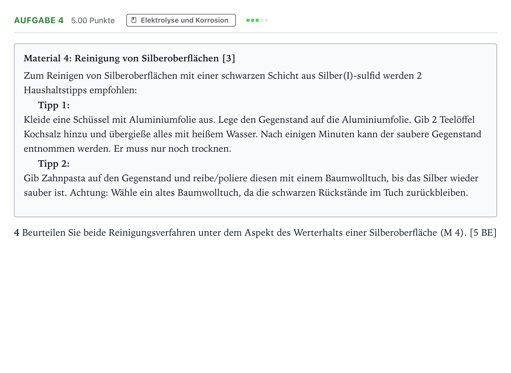 Aufgabenstellung: Aufgabe 4 · Abitur NRW Chemie GK · Versilbern von Gegenständen 2026