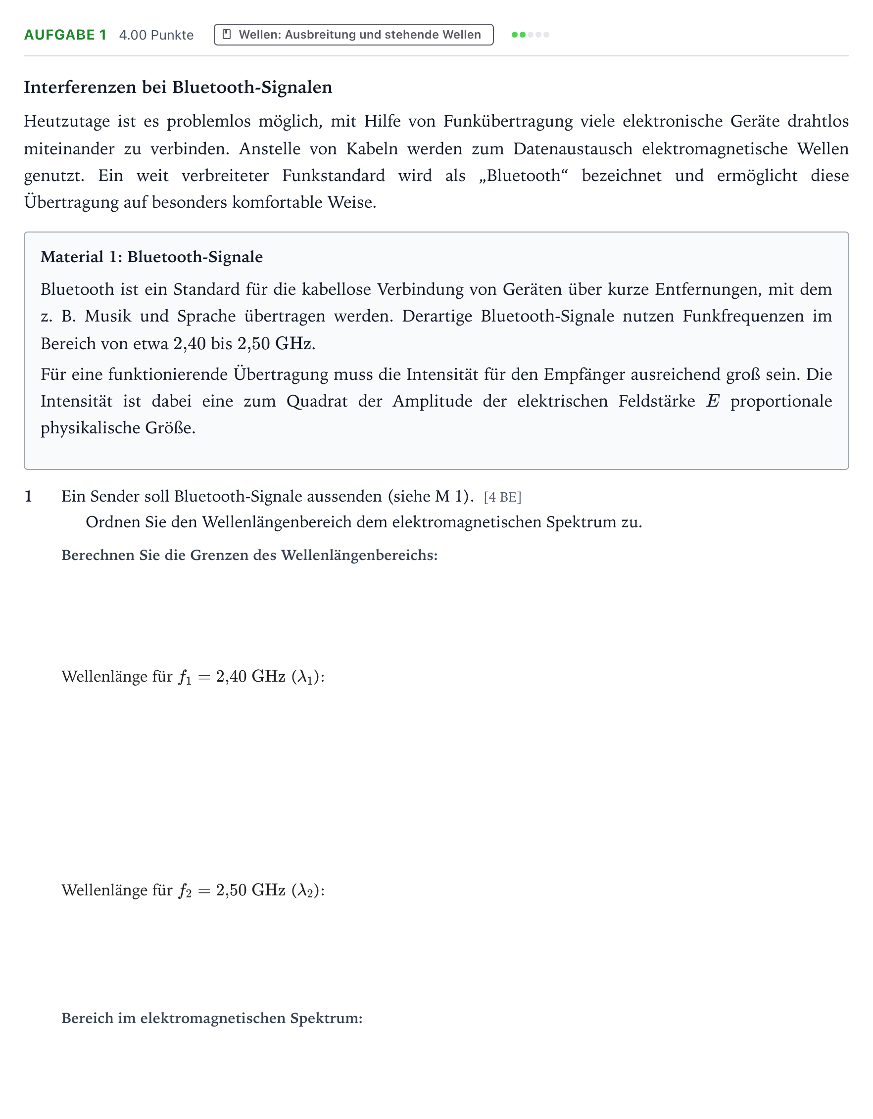 Aufgabenstellung: Aufgabe 1 · Abitur NRW Physik LK · Bluetooth-Signale 2025