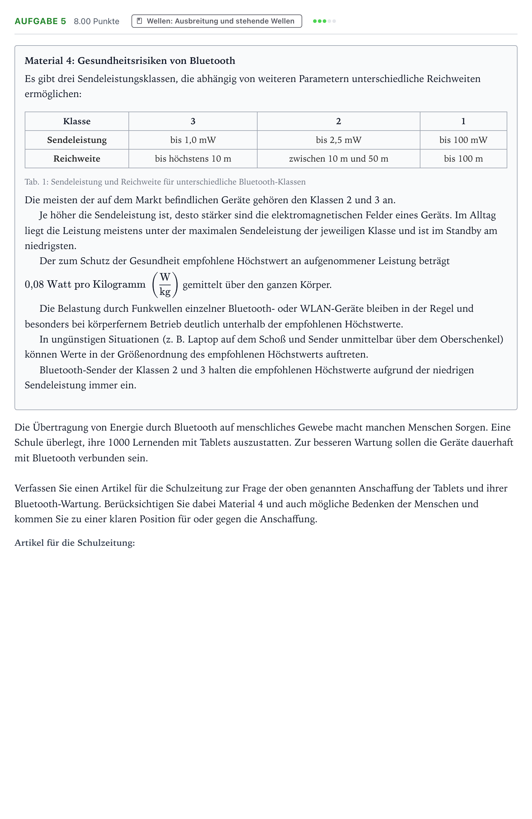 Aufgabenstellung: Aufgabe 5 · Abitur NRW Physik LK · Bluetooth-Signale 2025