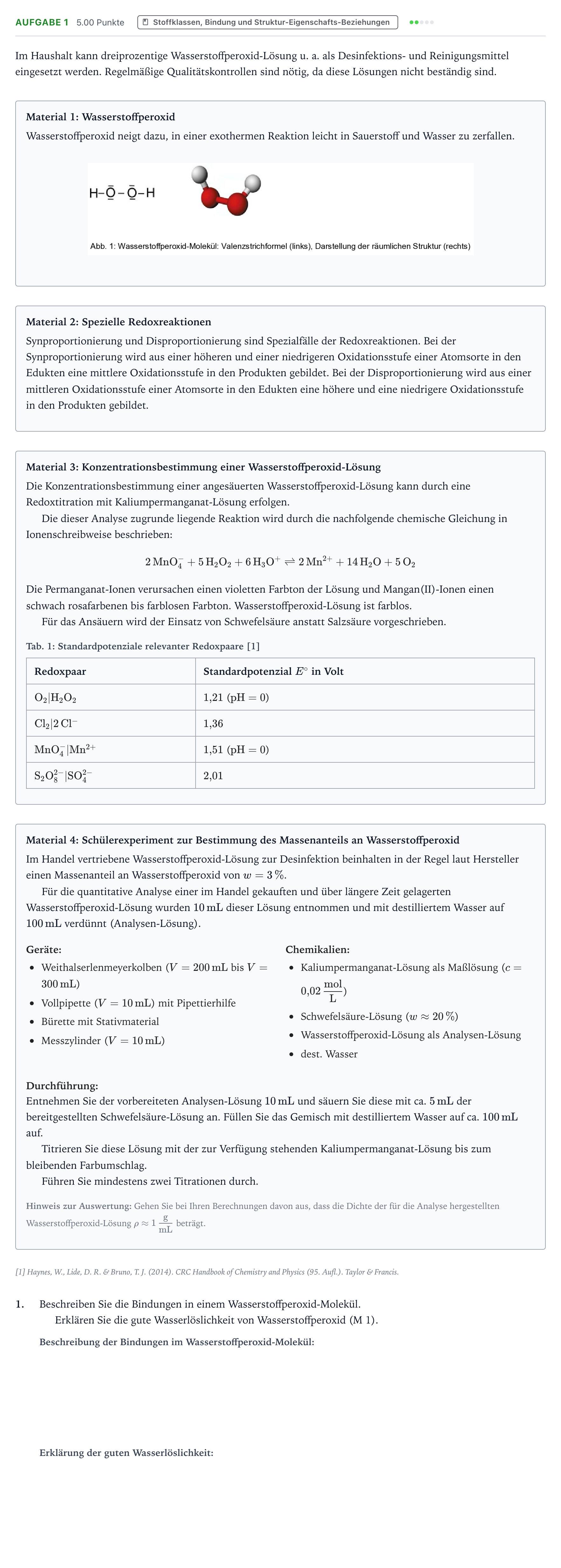 Aufgabenstellung: Aufgabe 1 · Abitur NRW Chemie LK · Wasserstoffperoxid 2025
