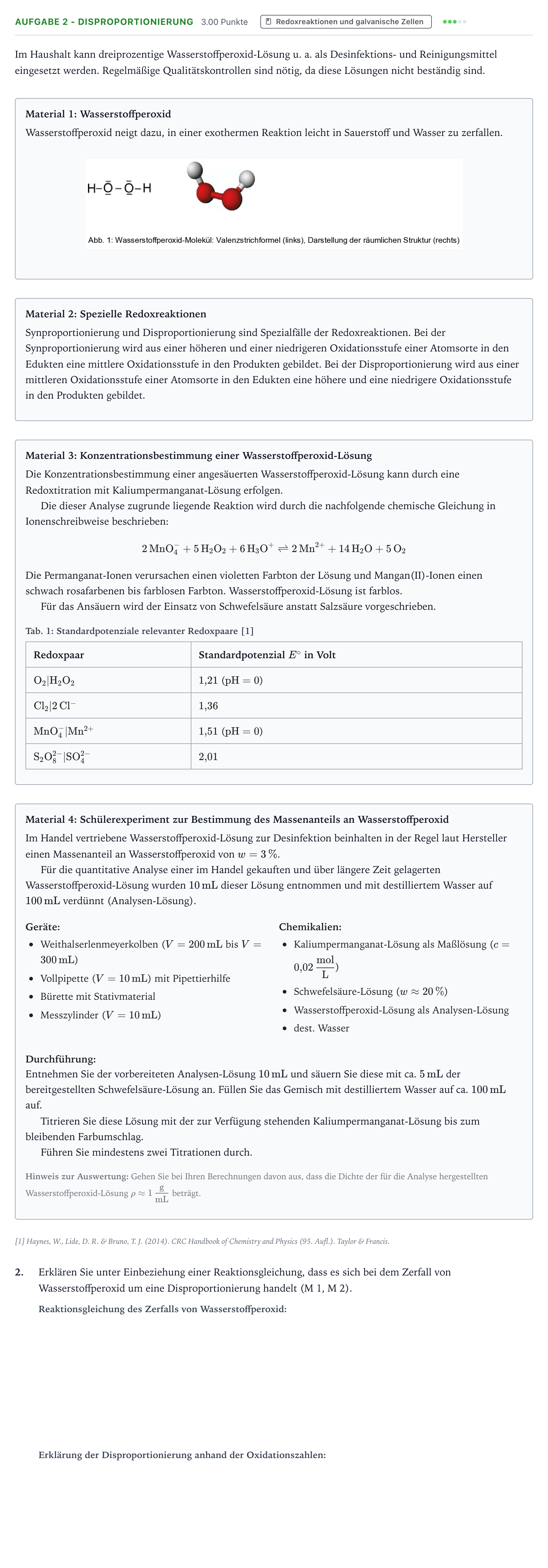 Aufgabenstellung: Aufgabe 2 - Disproportionierung · Abitur NRW Chemie LK · Wasserstoffperoxid 2025