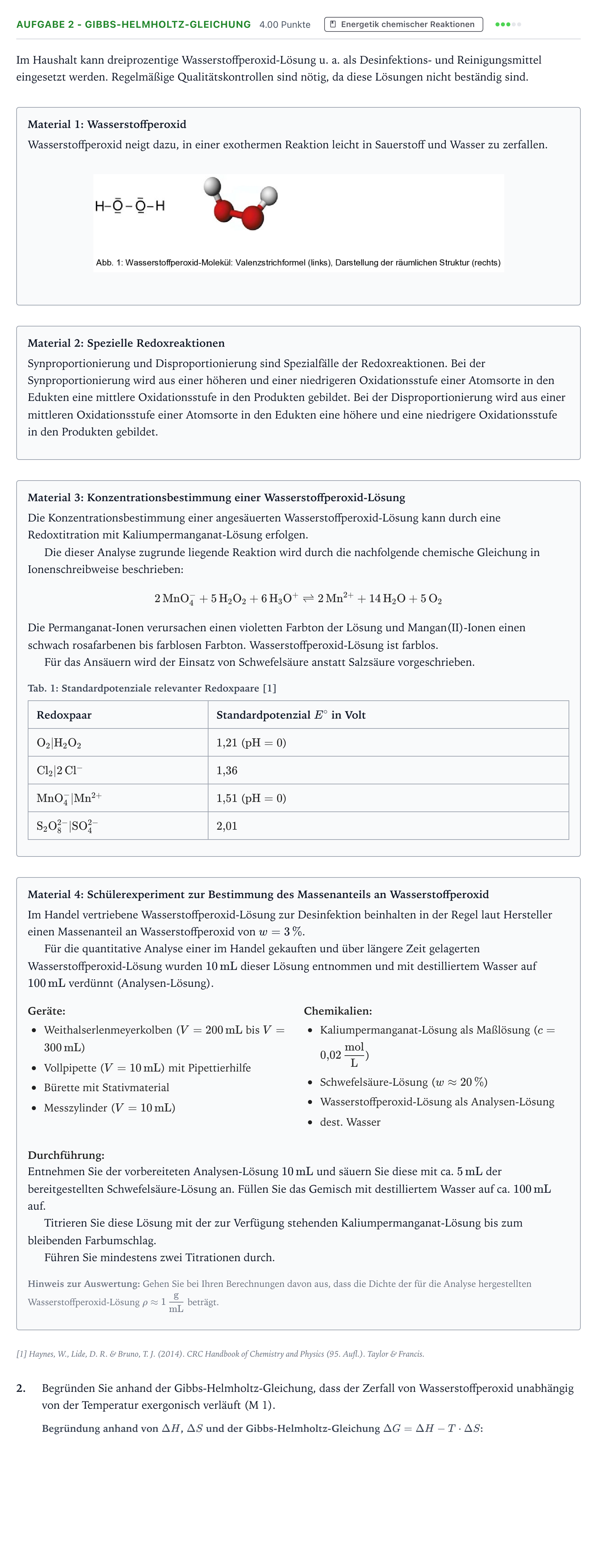 Aufgabenstellung: Aufgabe 2 - Gibbs-Helmholtz-Gleichung · Abitur NRW Chemie LK · Wasserstoffperoxid 2025