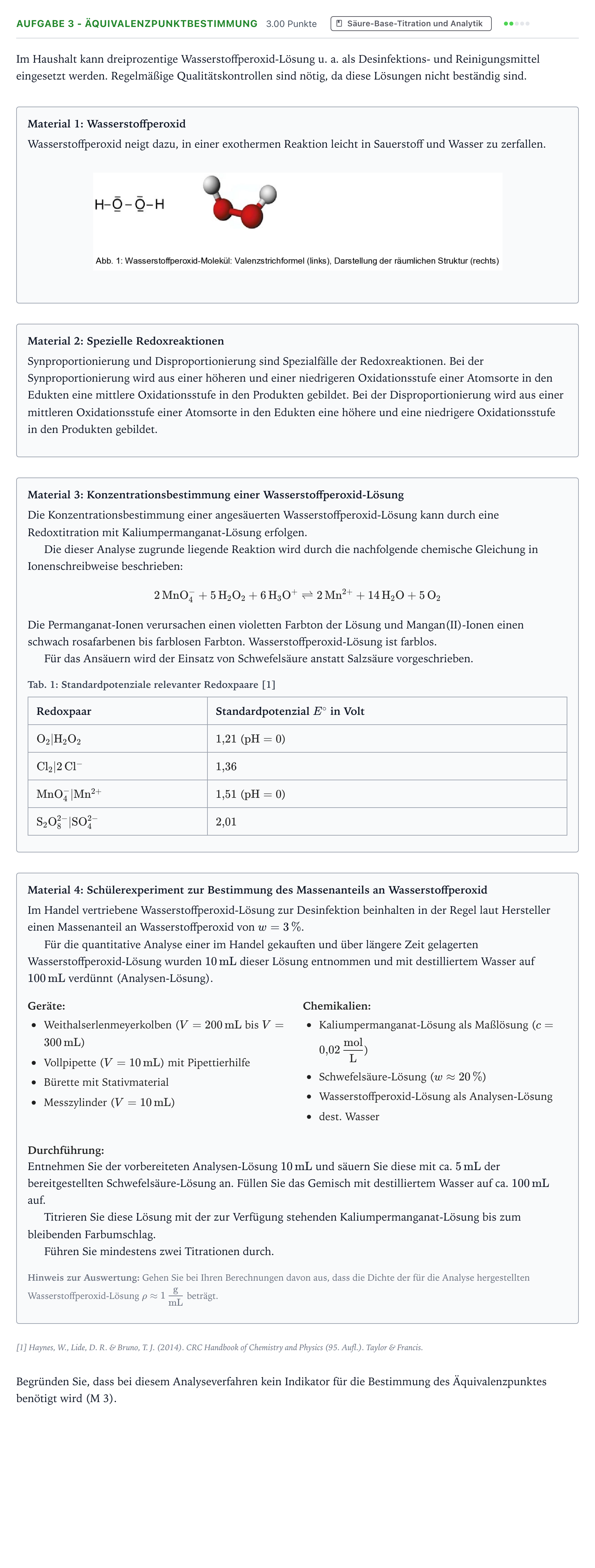 Aufgabenstellung: Aufgabe 3 - Äquivalenzpunktbestimmung · Abitur NRW Chemie LK · Wasserstoffperoxid 2025