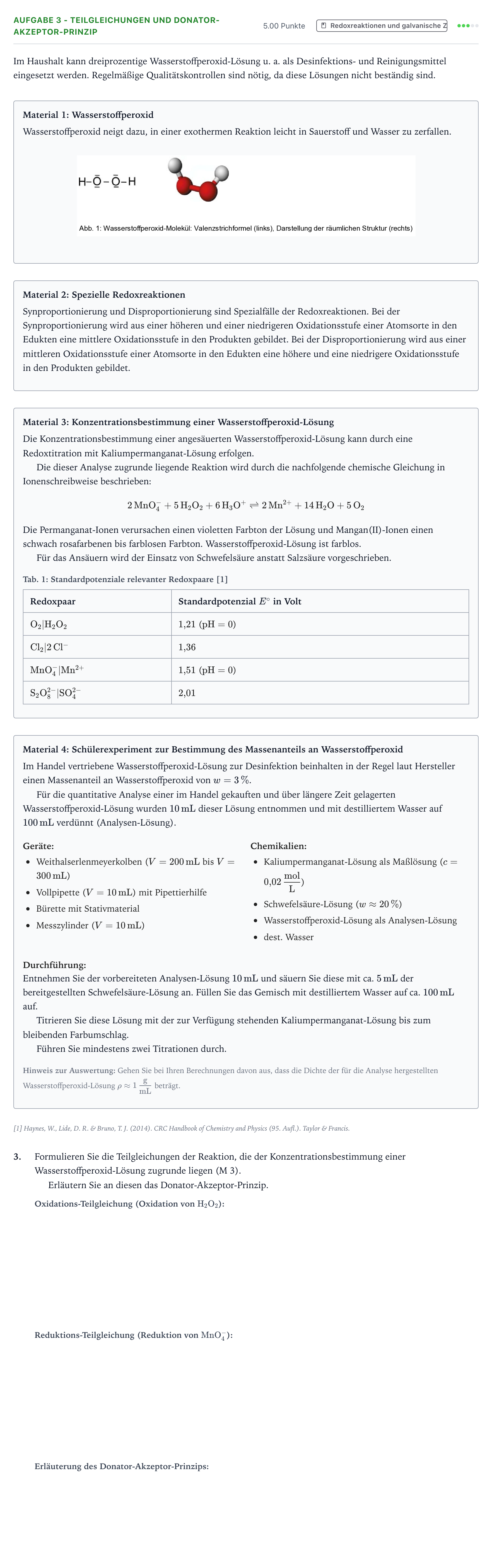Aufgabenstellung: Aufgabe 3 - Teilgleichungen und Donator-Akzeptor-Prinzip · Abitur NRW Chemie LK · Wasserstoffperoxid 2025