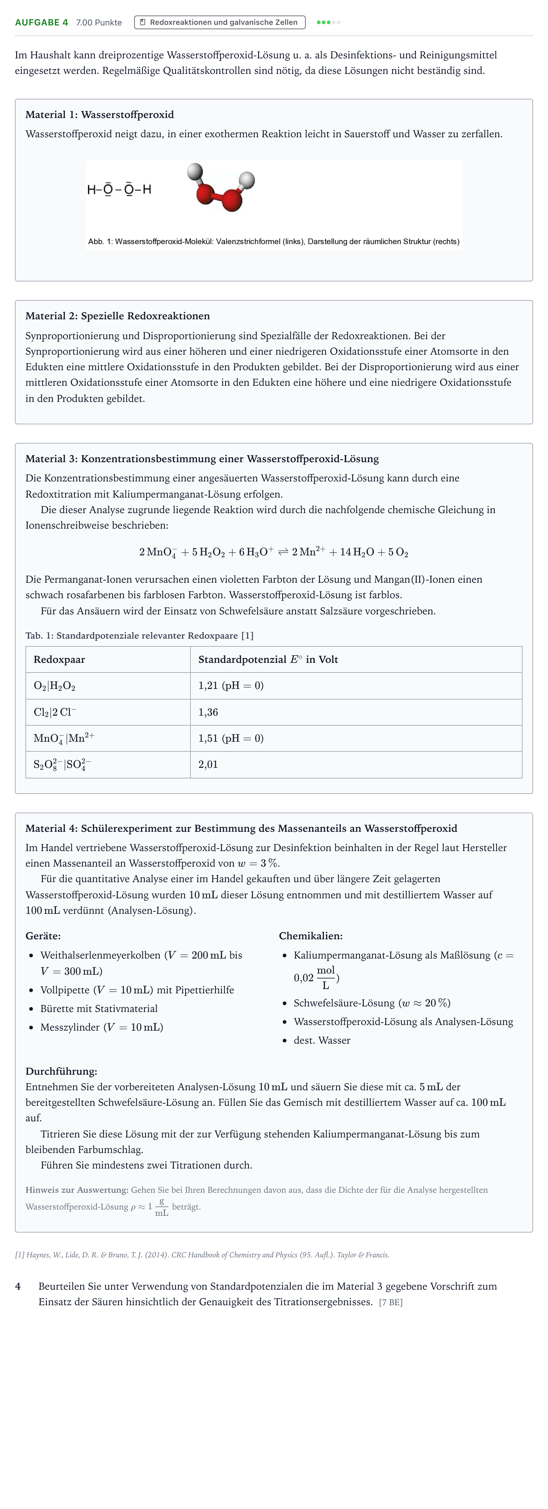 Aufgabenstellung: Aufgabe 4 · Abitur NRW Chemie LK · Wasserstoffperoxid 2025