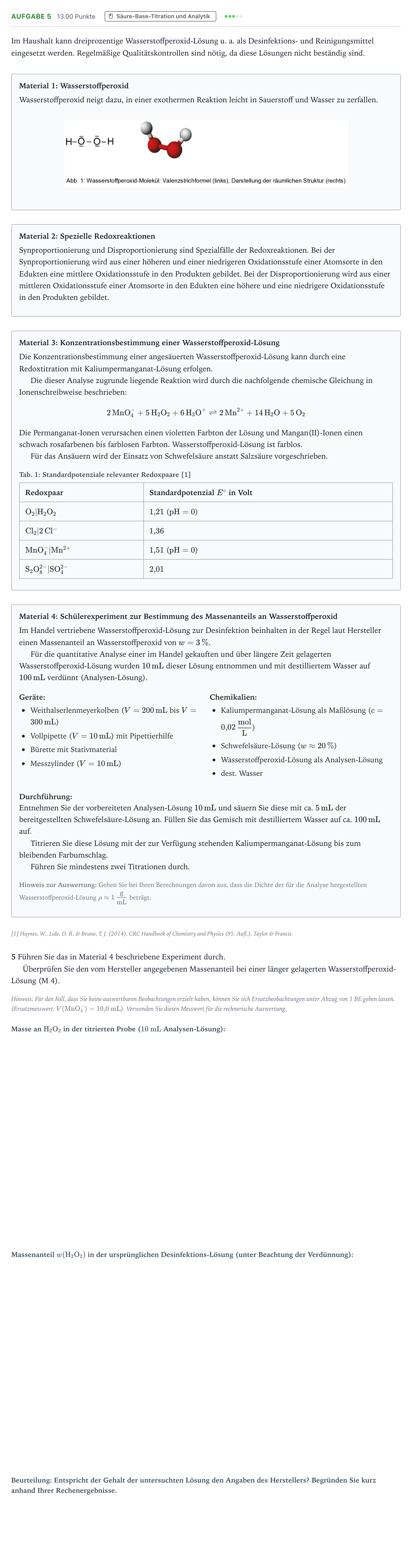 Aufgabenstellung: Aufgabe 5 · Abitur NRW Chemie LK · Wasserstoffperoxid 2025