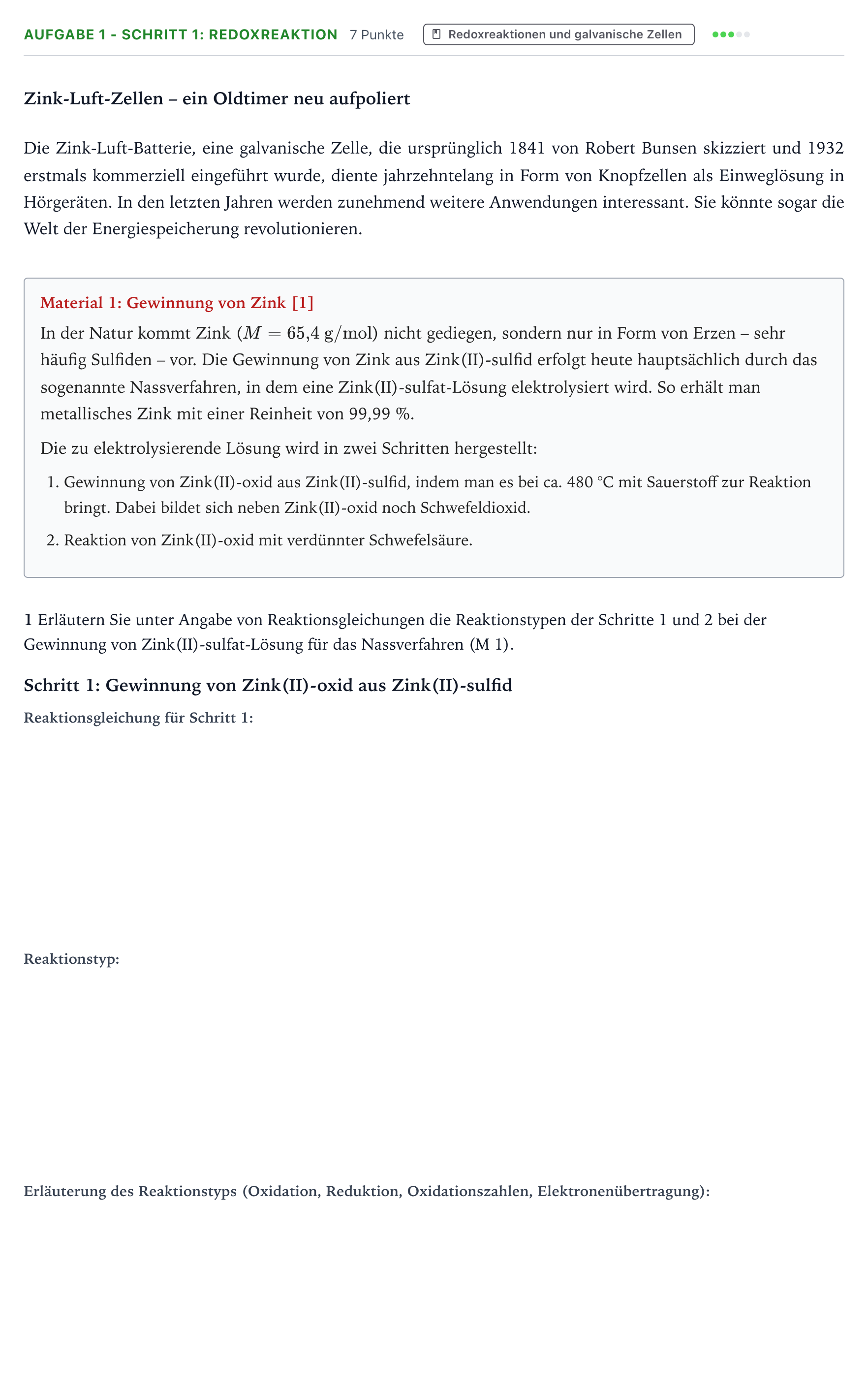 Aufgabenstellung: Aufgabe 1 - Schritt 1: Redoxreaktion · Abitur NRW Chemie LK · Zink-Luft-Zellen – ein Oldtimer neu 2026