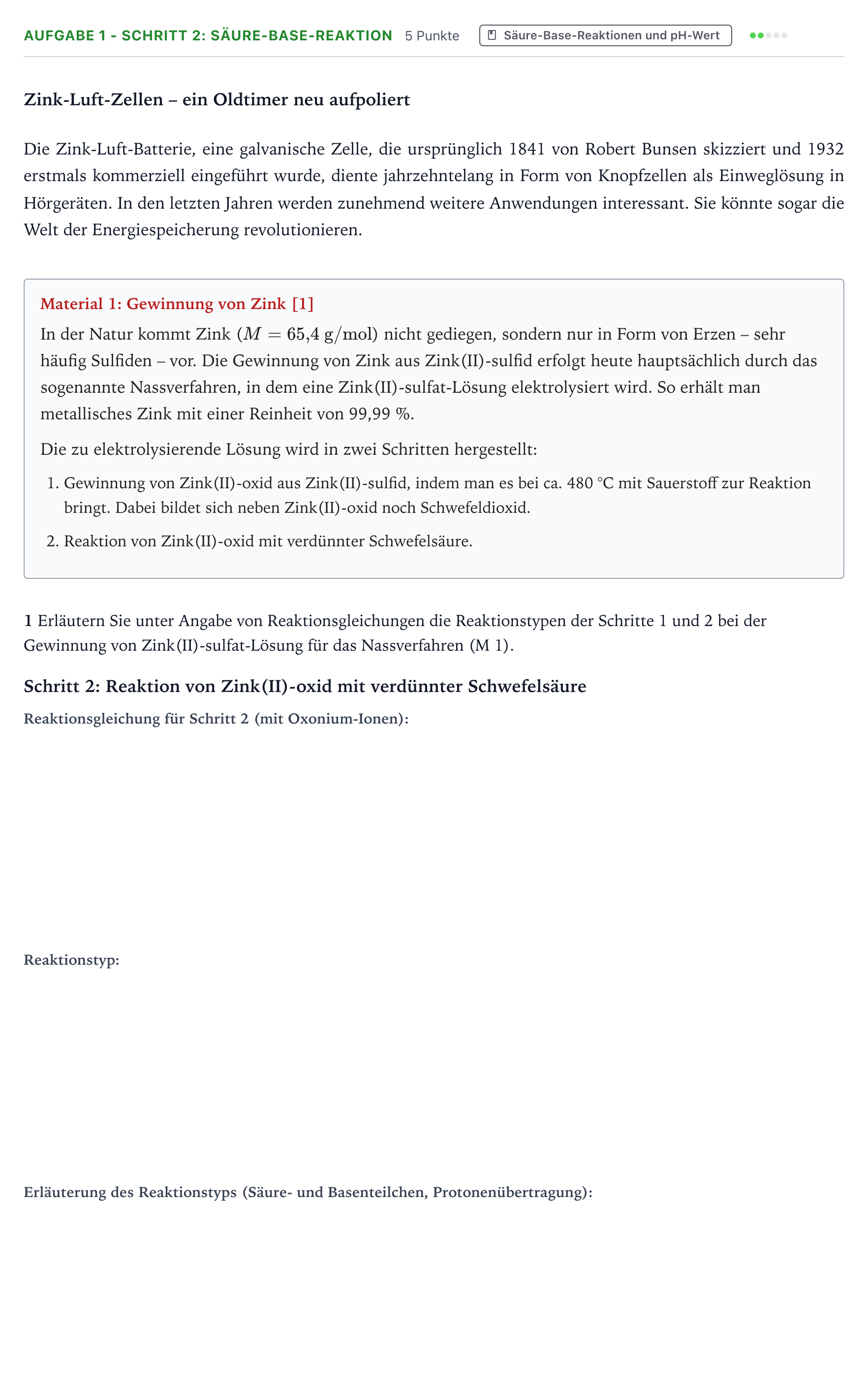 Aufgabenstellung: Aufgabe 1 - Schritt 2: Säure-Base-Reaktion · Abitur NRW Chemie LK · Zink-Luft-Zellen – ein Oldtimer neu 2026