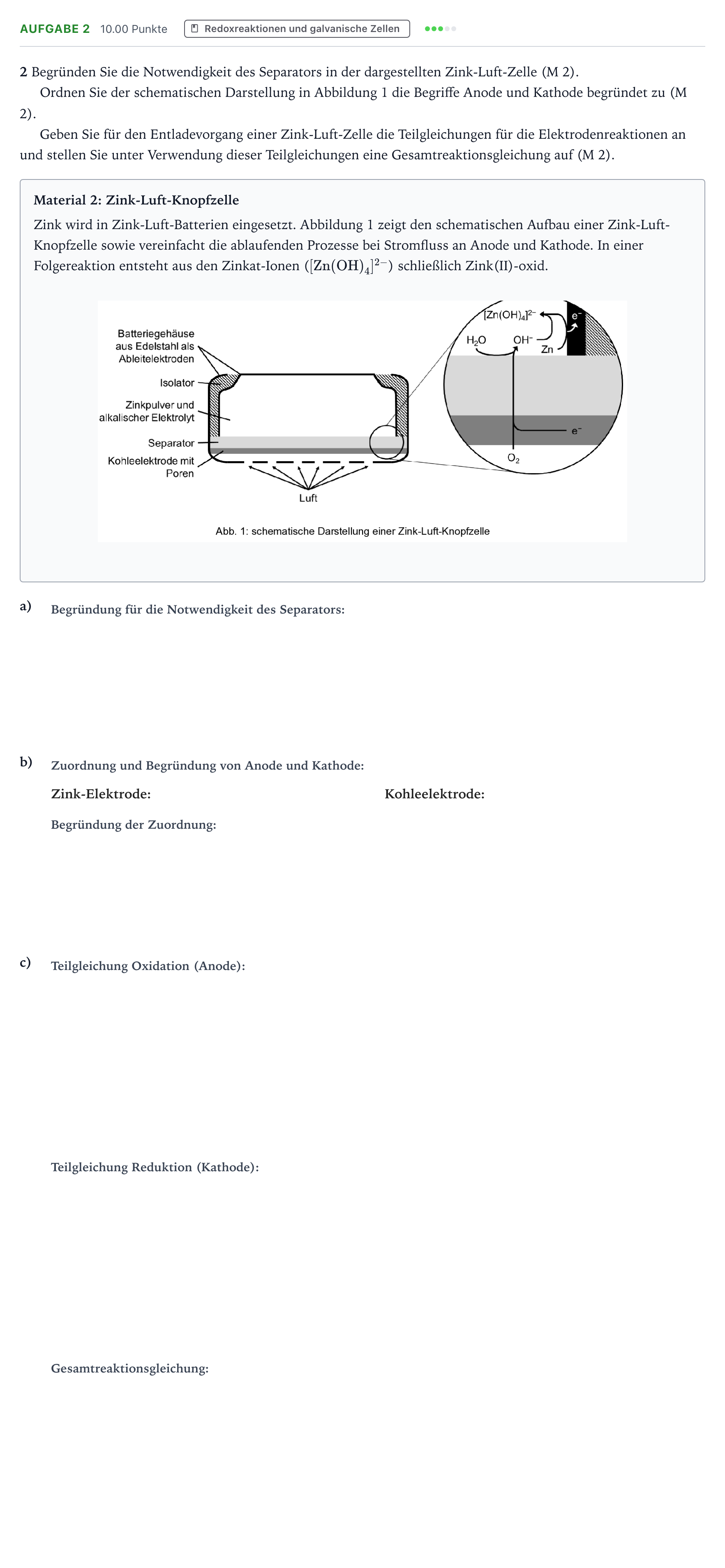 Aufgabenstellung: Aufgabe 2 · Abitur NRW Chemie LK · Zink-Luft-Zellen – ein Oldtimer neu 2026