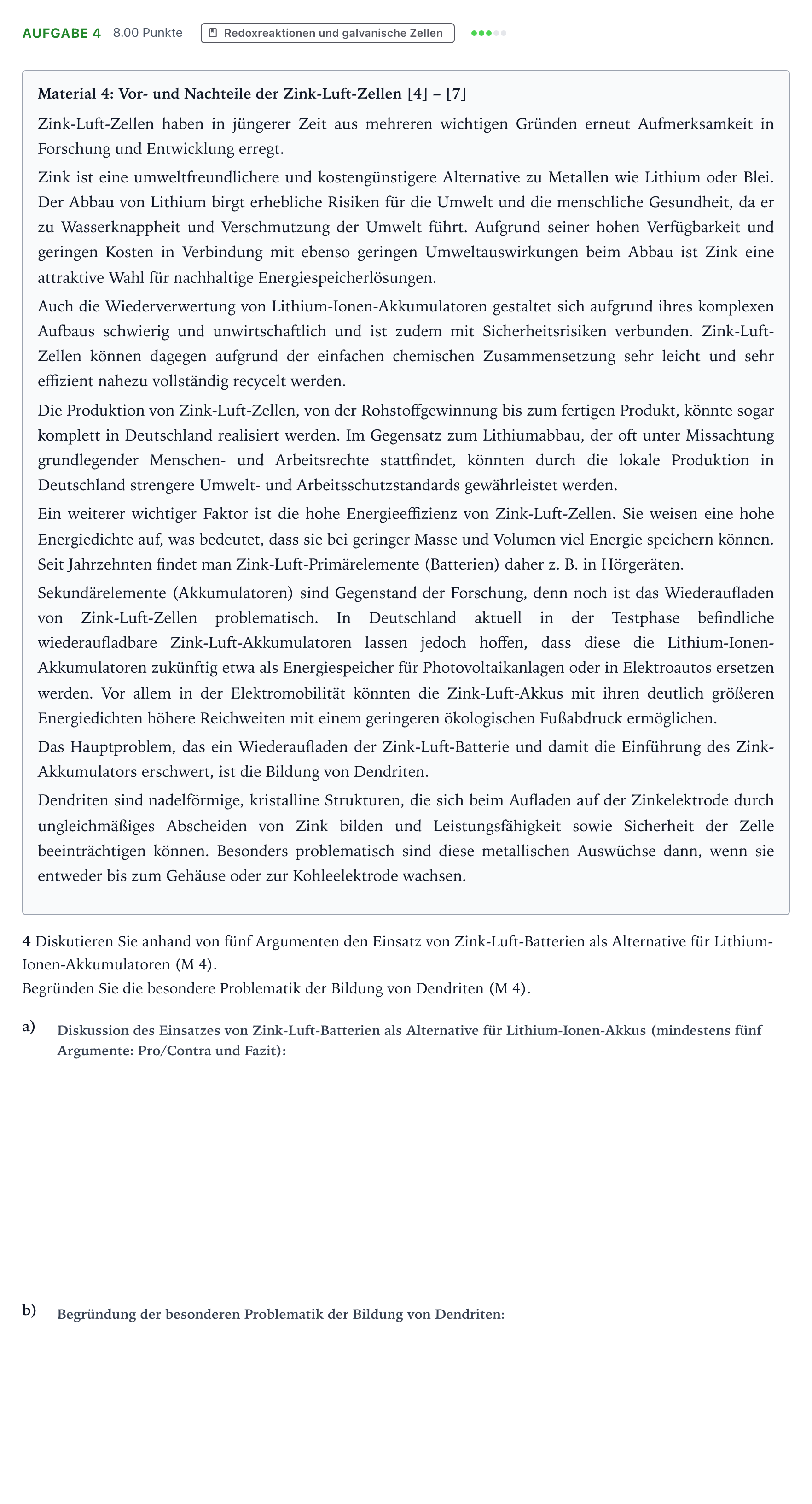 Aufgabenstellung: Aufgabe 4 · Abitur NRW Chemie LK · Zink-Luft-Zellen – ein Oldtimer neu 2026