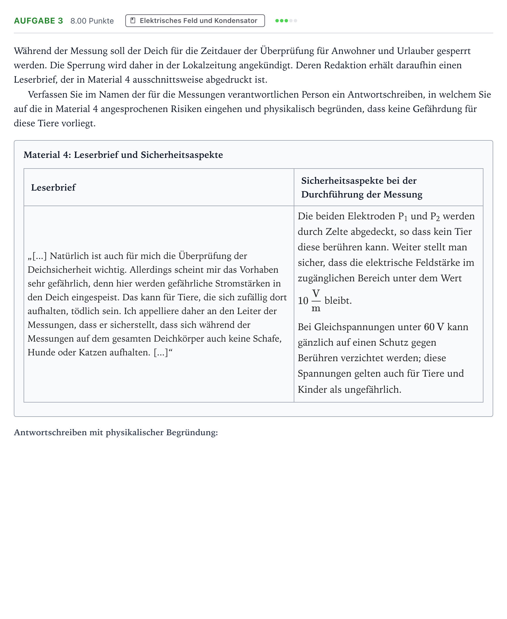 Aufgabenstellung: Aufgabe 3 · Abitur NRW Physik LK · Deichsicherheit 2025