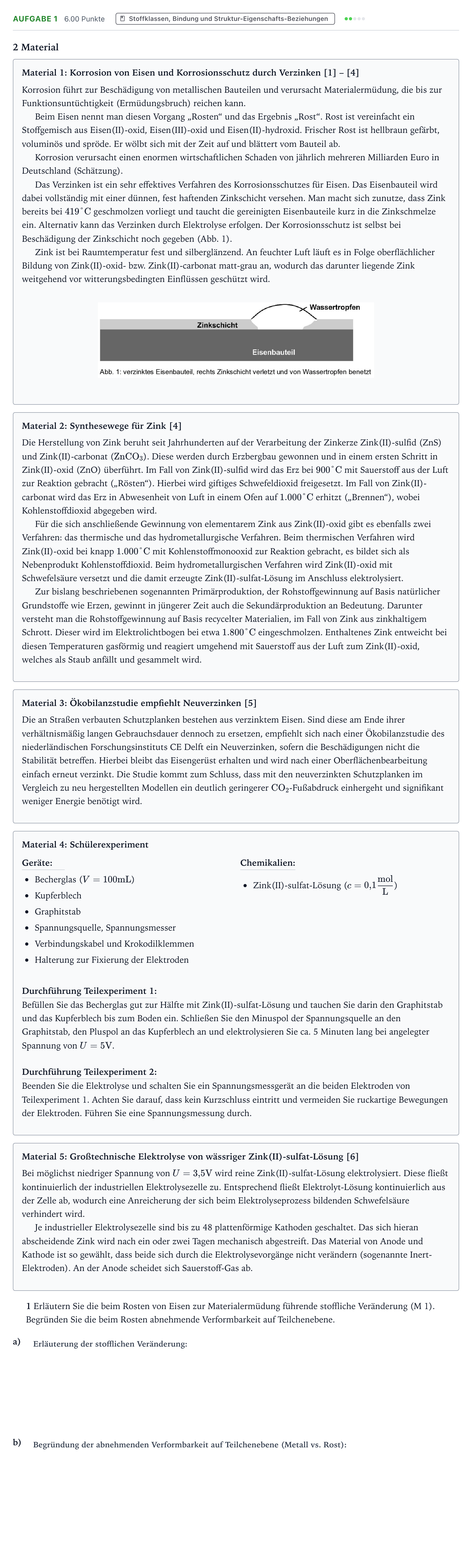 Aufgabenstellung: Aufgabe 1 · Abitur NRW Chemie LK · Zink und Eisen – zusammen stark geg 2025