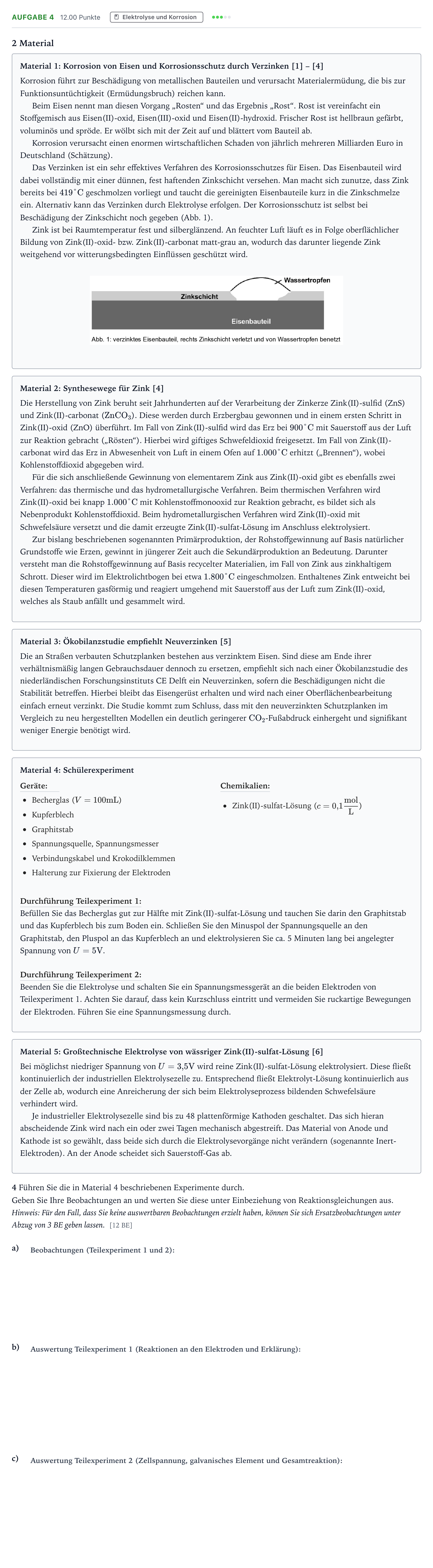 Aufgabenstellung: Aufgabe 4 · Abitur NRW Chemie LK · Zink und Eisen – zusammen stark geg 2025