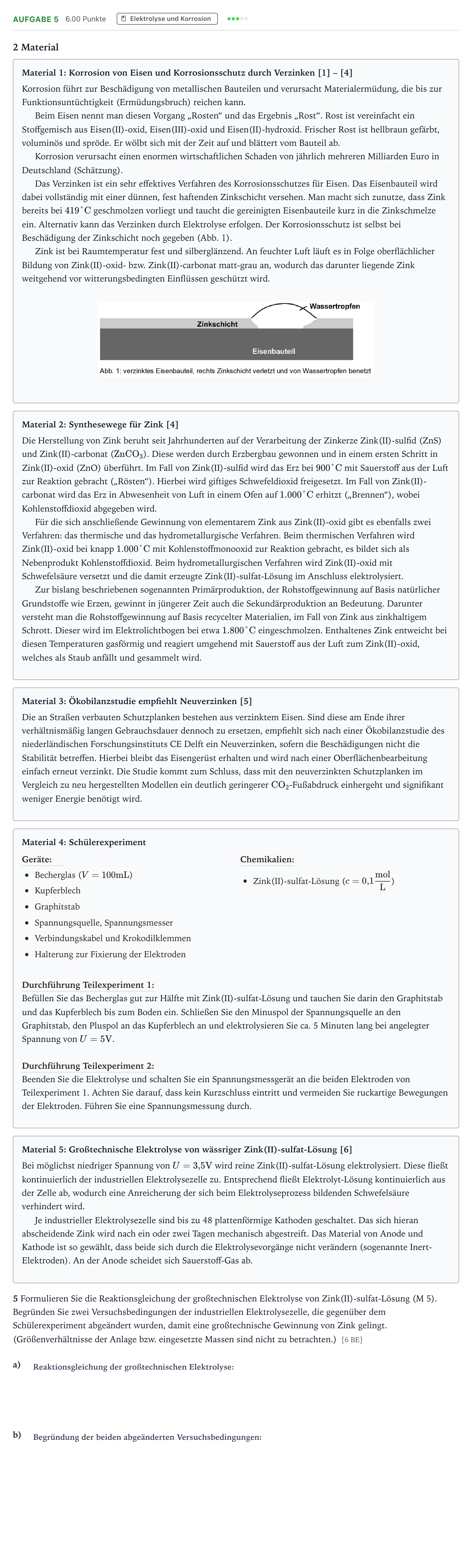 Aufgabenstellung: Aufgabe 5 · Abitur NRW Chemie LK · Zink und Eisen – zusammen stark geg 2025