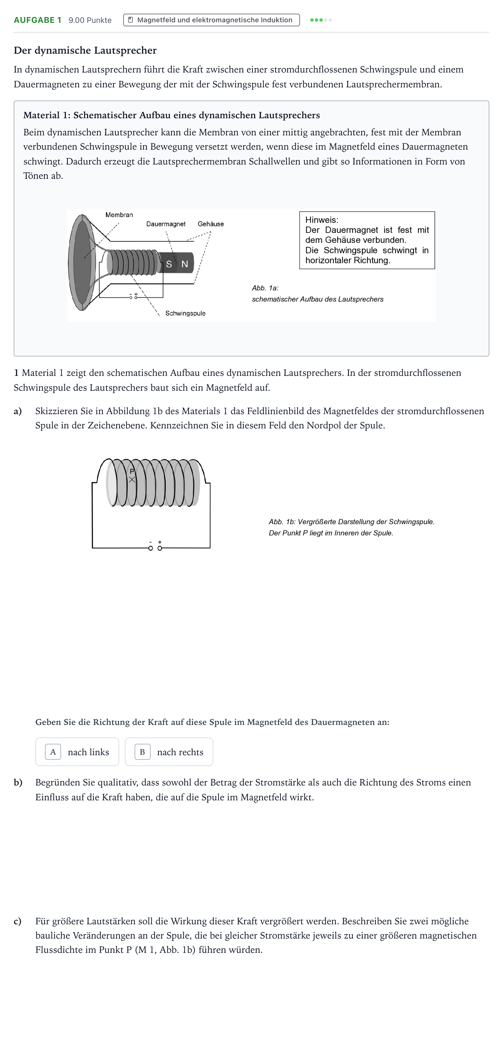 Aufgabenstellung: Aufgabe 1 · Abitur NRW Physik GK · Dynamischer Lautsprecher 2025